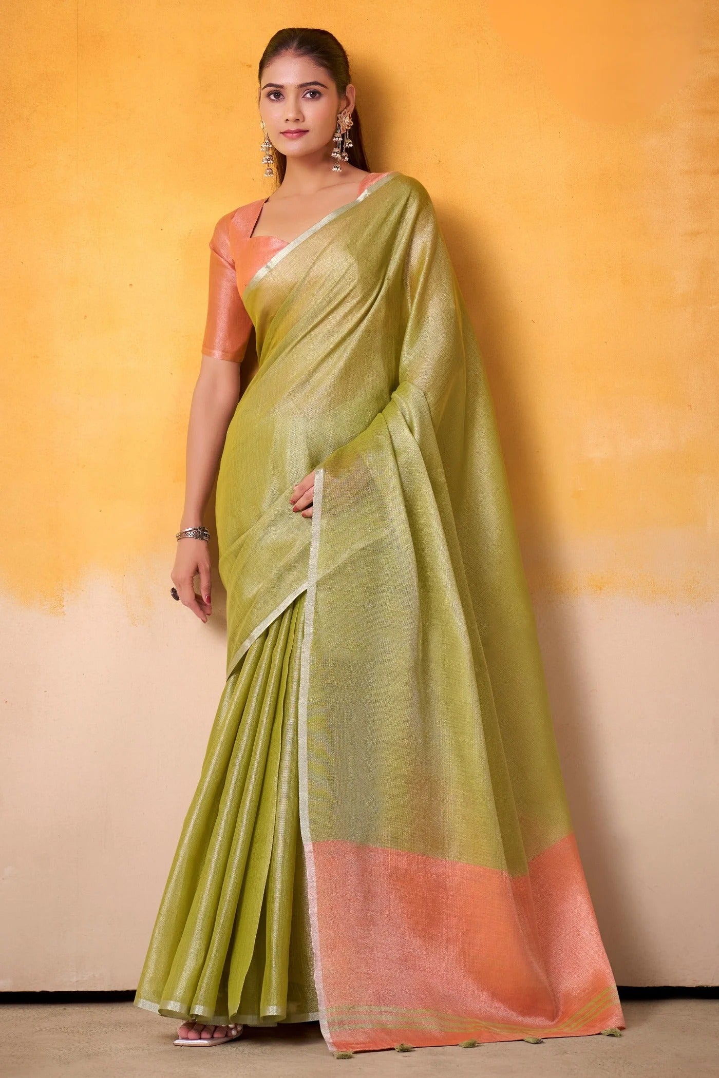 Tea Green Woven Tissue Soft Silk Saree With Blouse