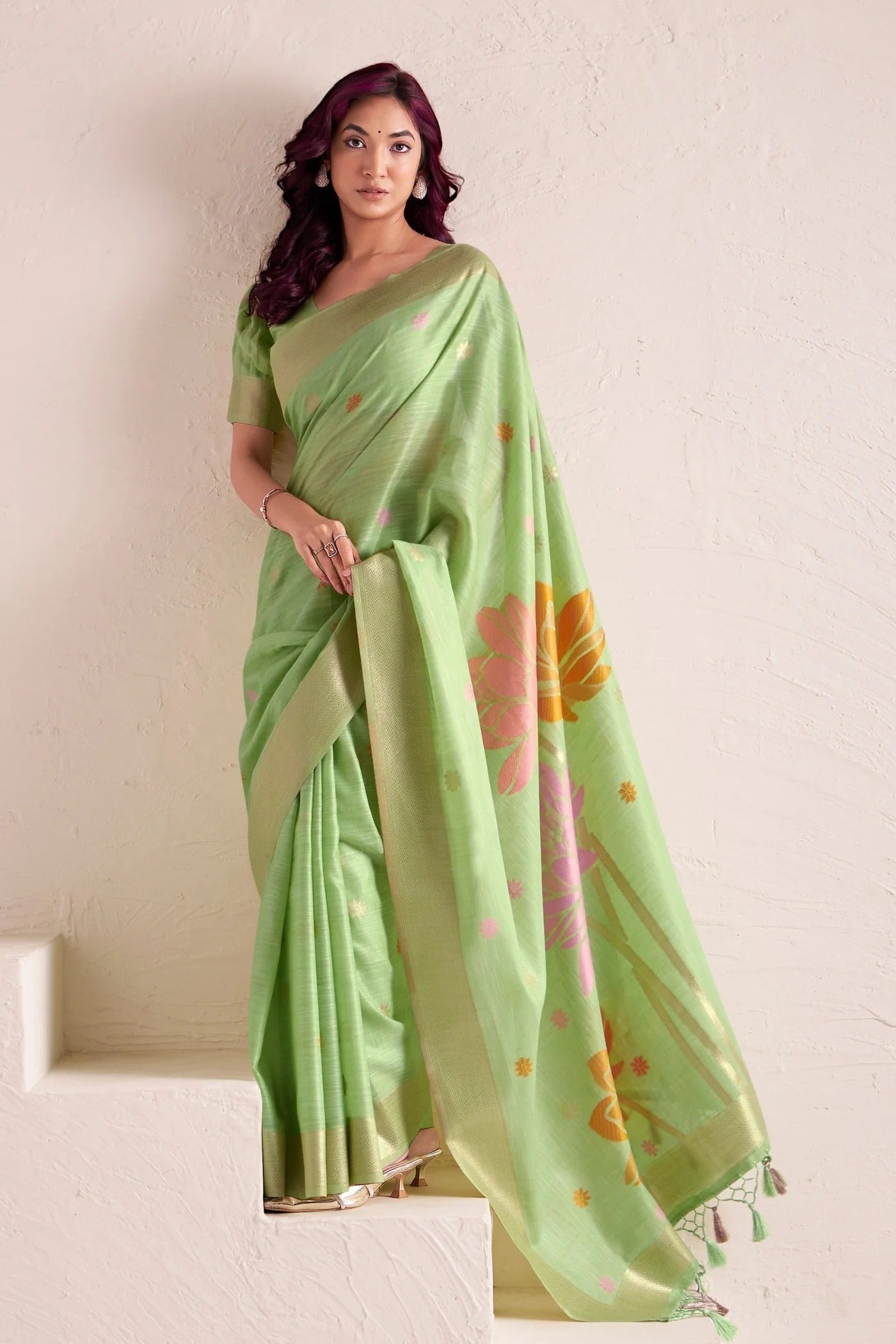 Sea Green Woven Linen Soft Silk Saree