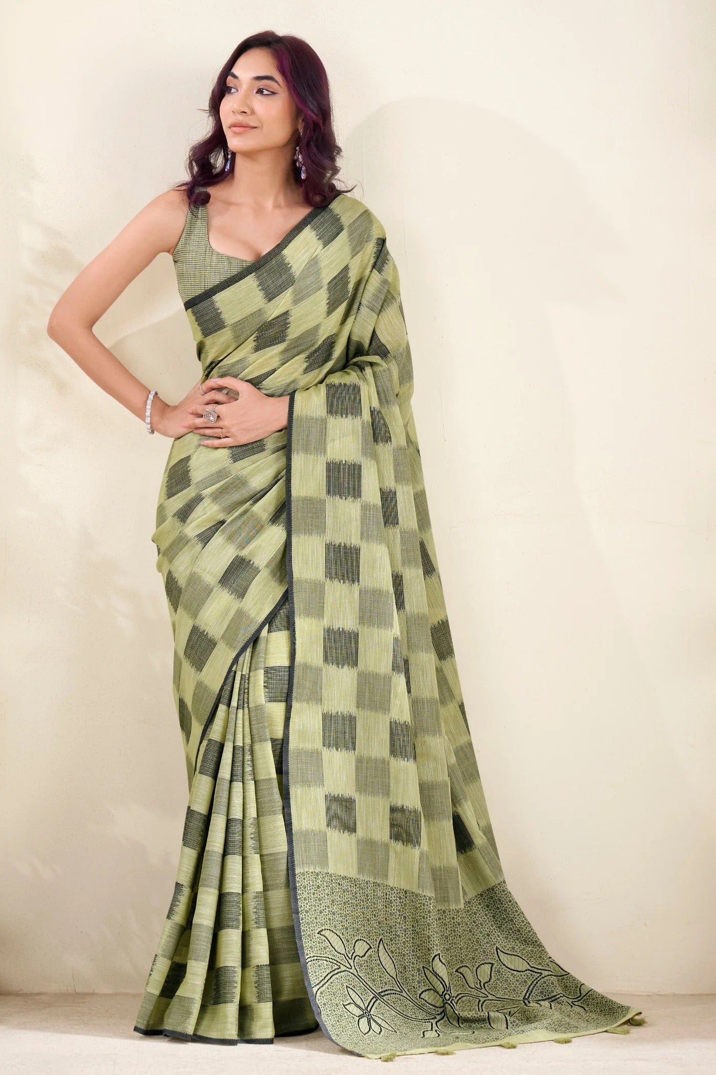 Willow Green Woven Linen Soft Saree