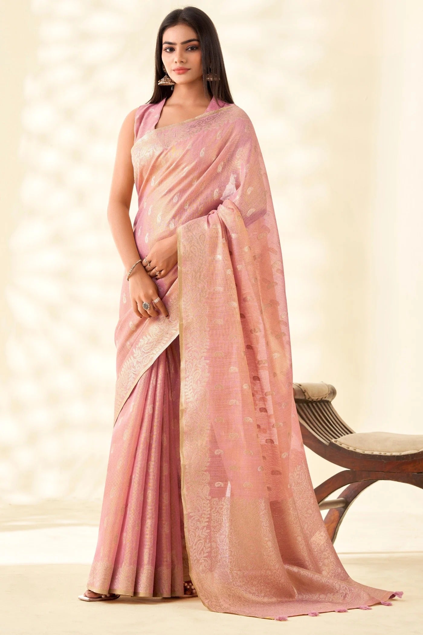 Peach Woven Tissue Linen Saree With Blouse