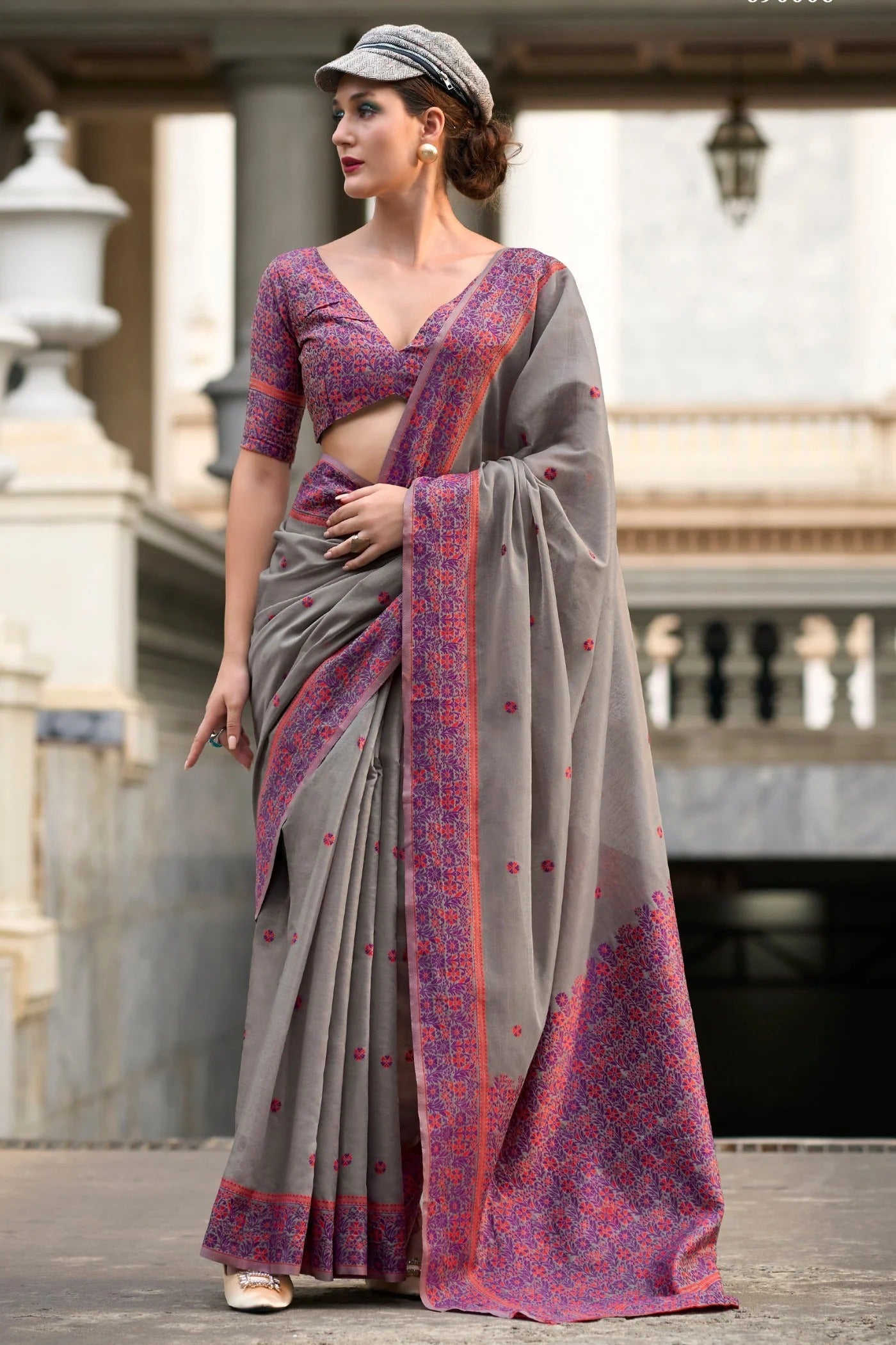 Smokey Grey Handloom Linen Cotton Saree Designer Blouse