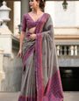 Smokey Grey Handloom Linen Cotton Saree Designer Blouse