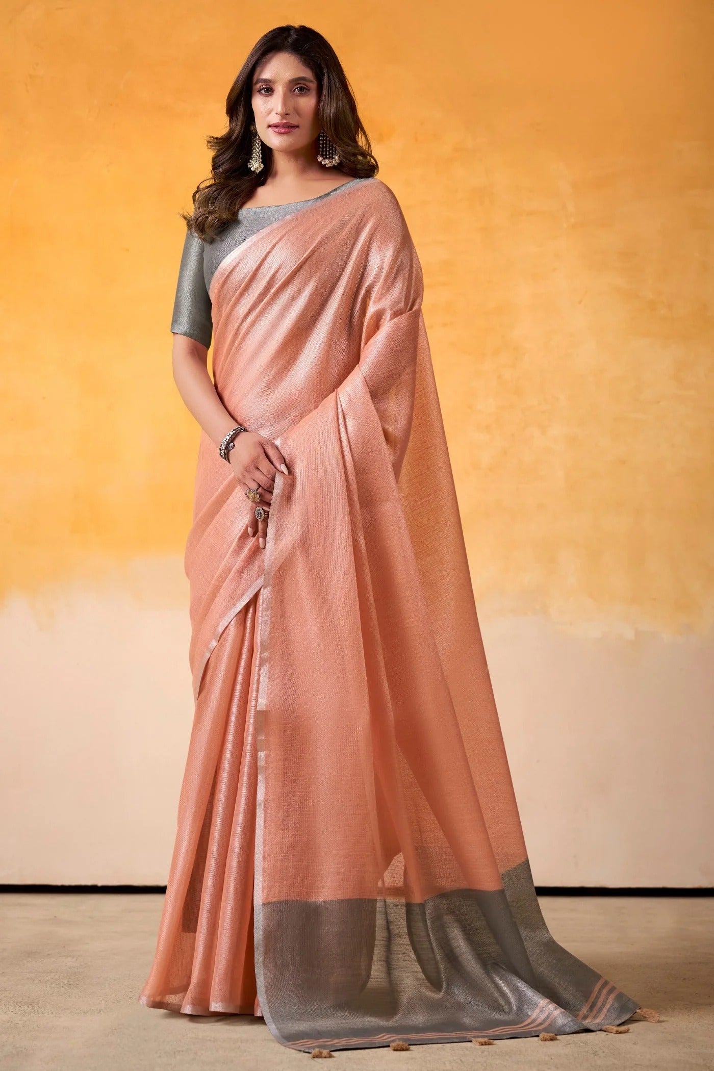 Rustic Peach -Woven Tissue Soft Silk Saree With Blouse