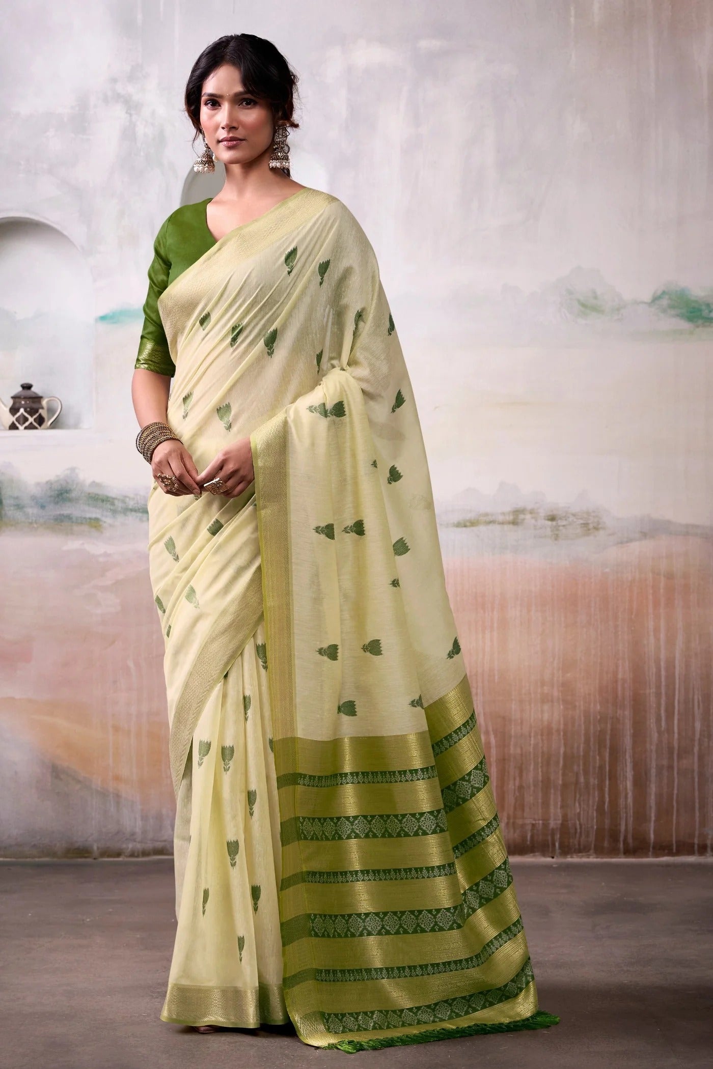 Crayola Yellow Woven Design Zari Pure Cotton Saree With Blouse