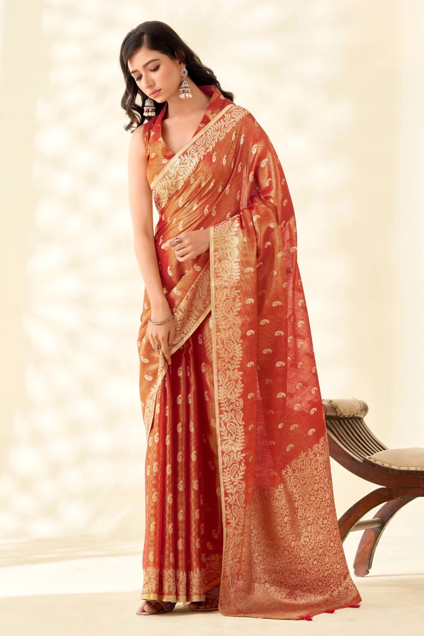 Coral Orange Woven Tissue Linen Saree With Blouse