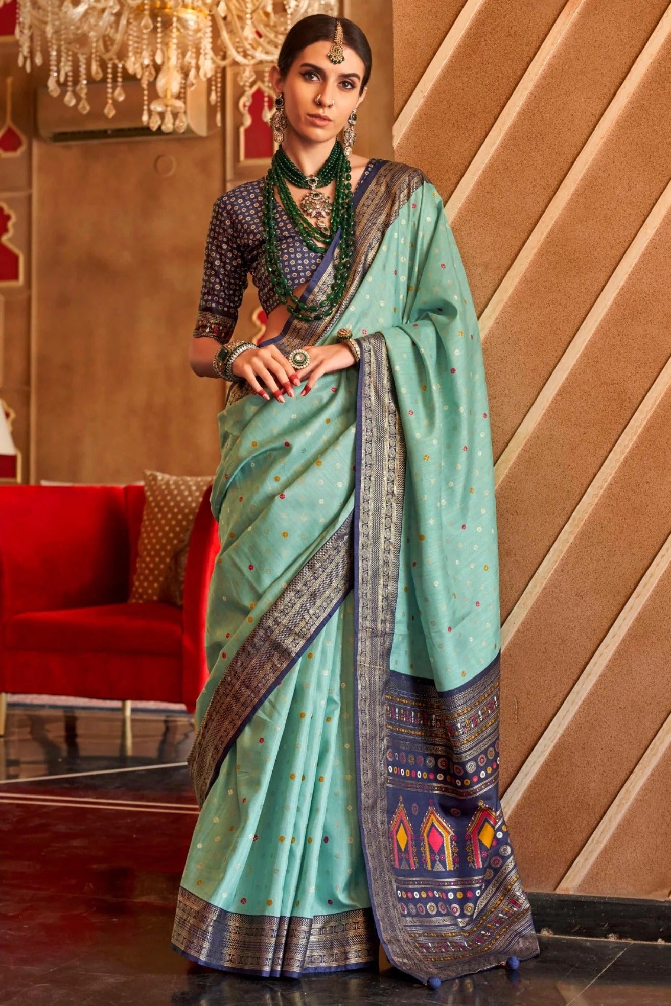 Teal Blue Printed Soft Patola Silk Saree