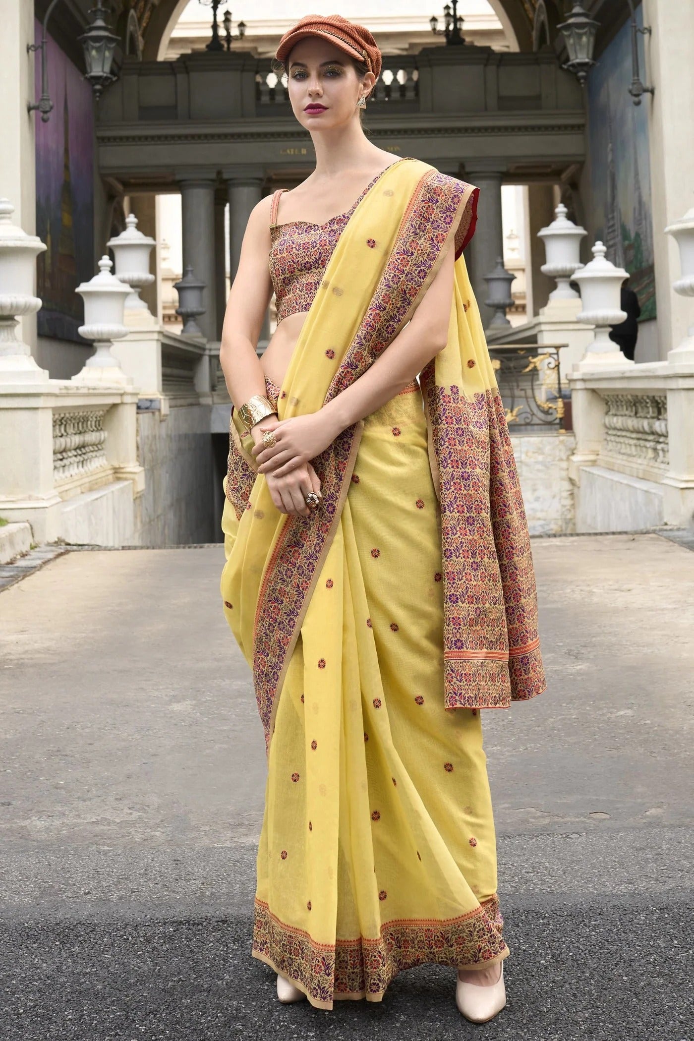 Lemon Yellow Handloom Linen Cotton Saree Designer Blouse