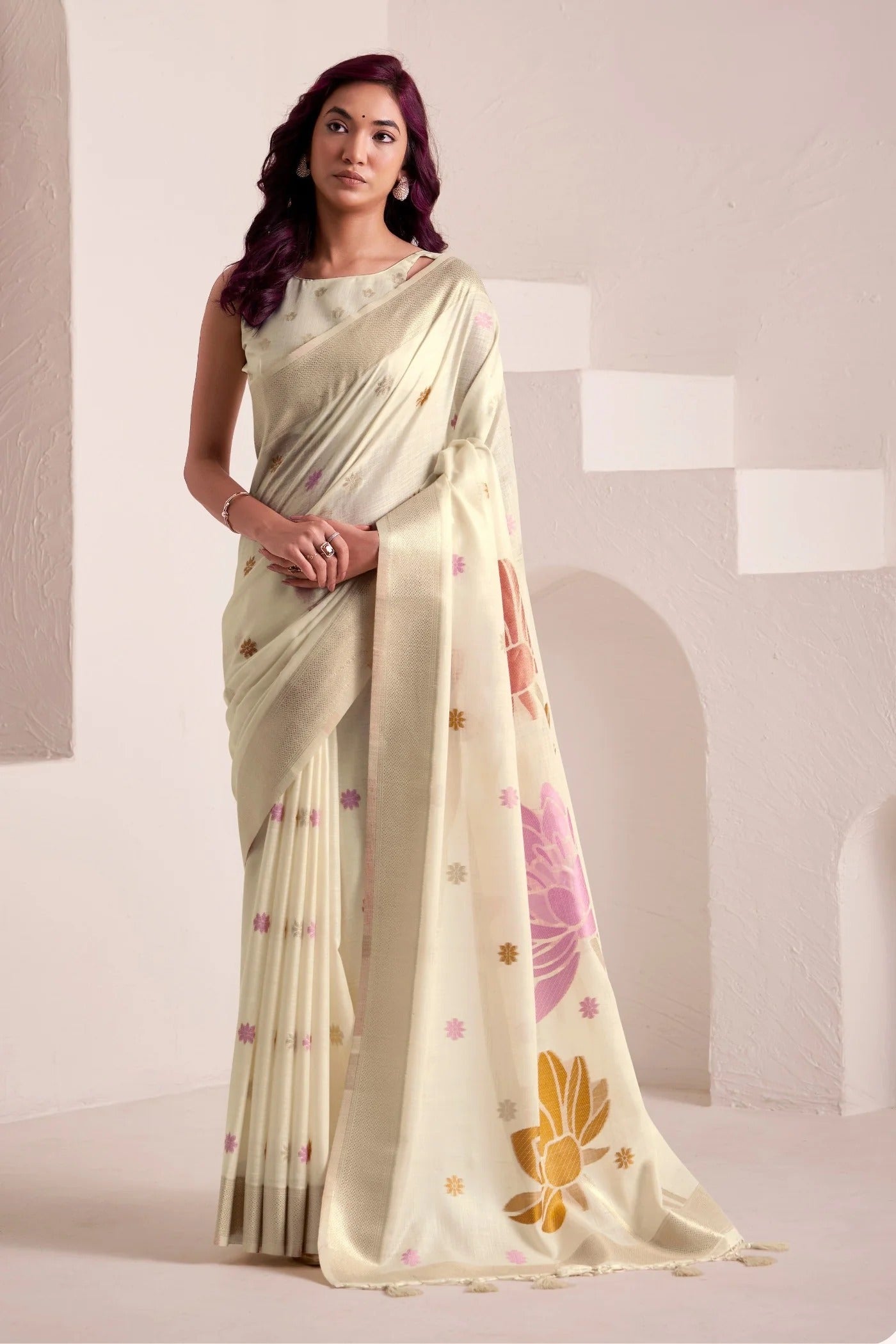 Daisy White Woven Linen Soft Silk Saree