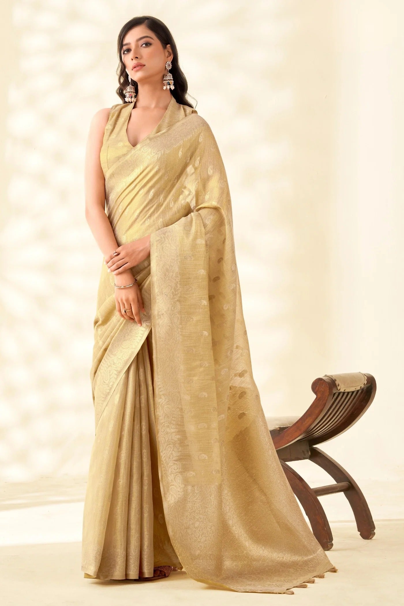 Oyster Cream Woven Tissue Linen Saree With Blouse