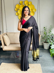 Black Plain Pure Modal Gajji Silk Saree With Zari Pallu Natural dyeing Saree-12