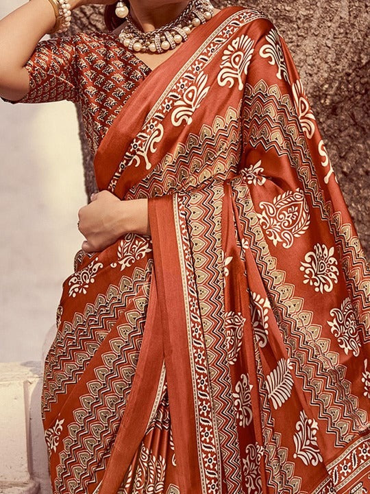 Orange New Ajrakh Printed Satin Crepe Saree