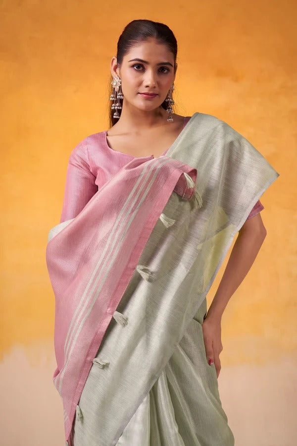 Parchment White Woven Tissue Soft Silk Saree With Blouse