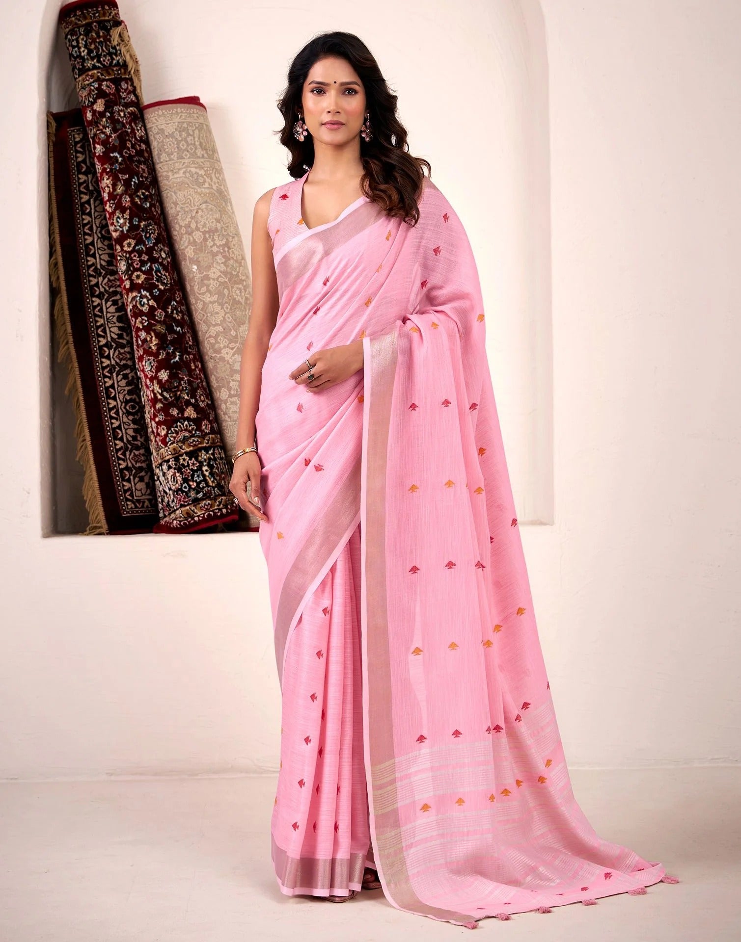 Light Pink Handloom Woven Linen Soft Silk Saree