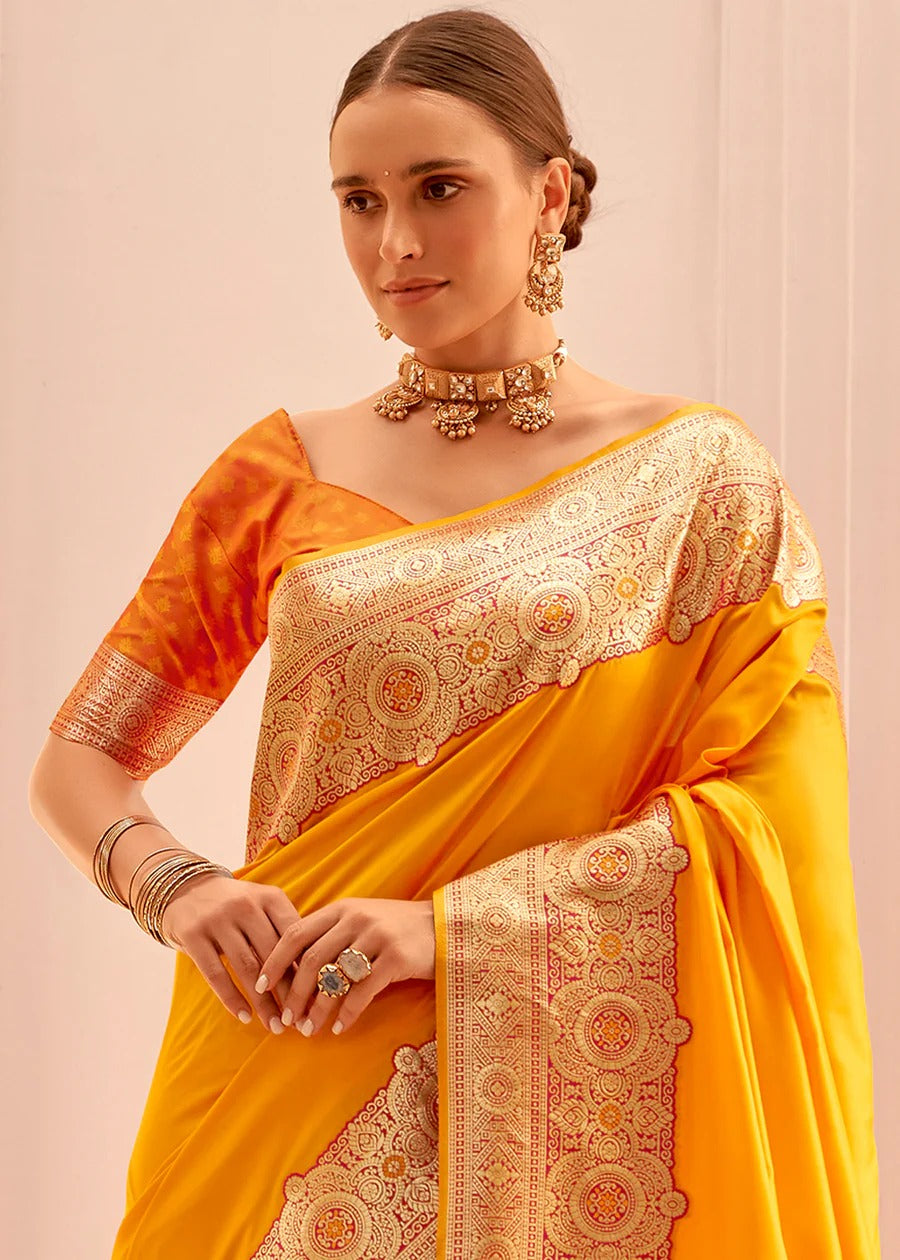 Citrine Yellow Shade Silk Woven Zari Work Broad Border Saree