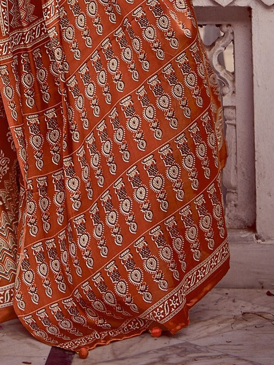 Orange New Ajrakh Printed Satin Crepe Saree