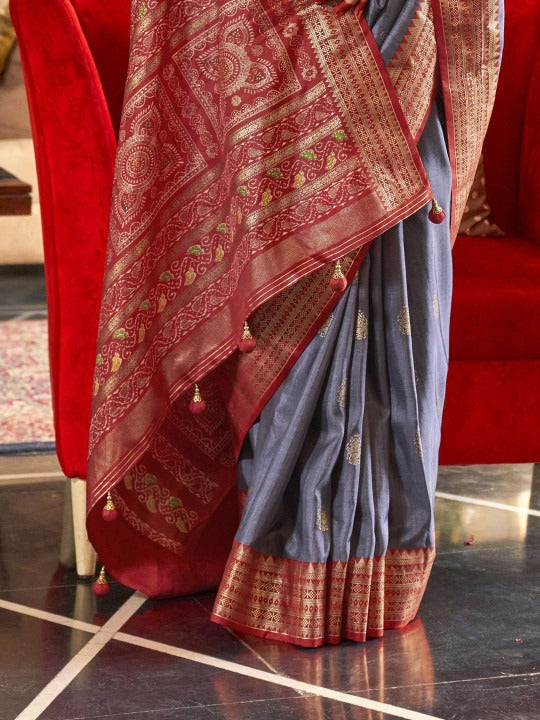 Dust Grey Printed Soft Patola Silk Saree