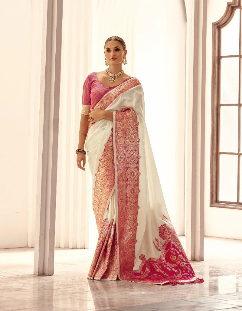 Soapstone White Shade Silk Woven Zari Work Broad Border Saree