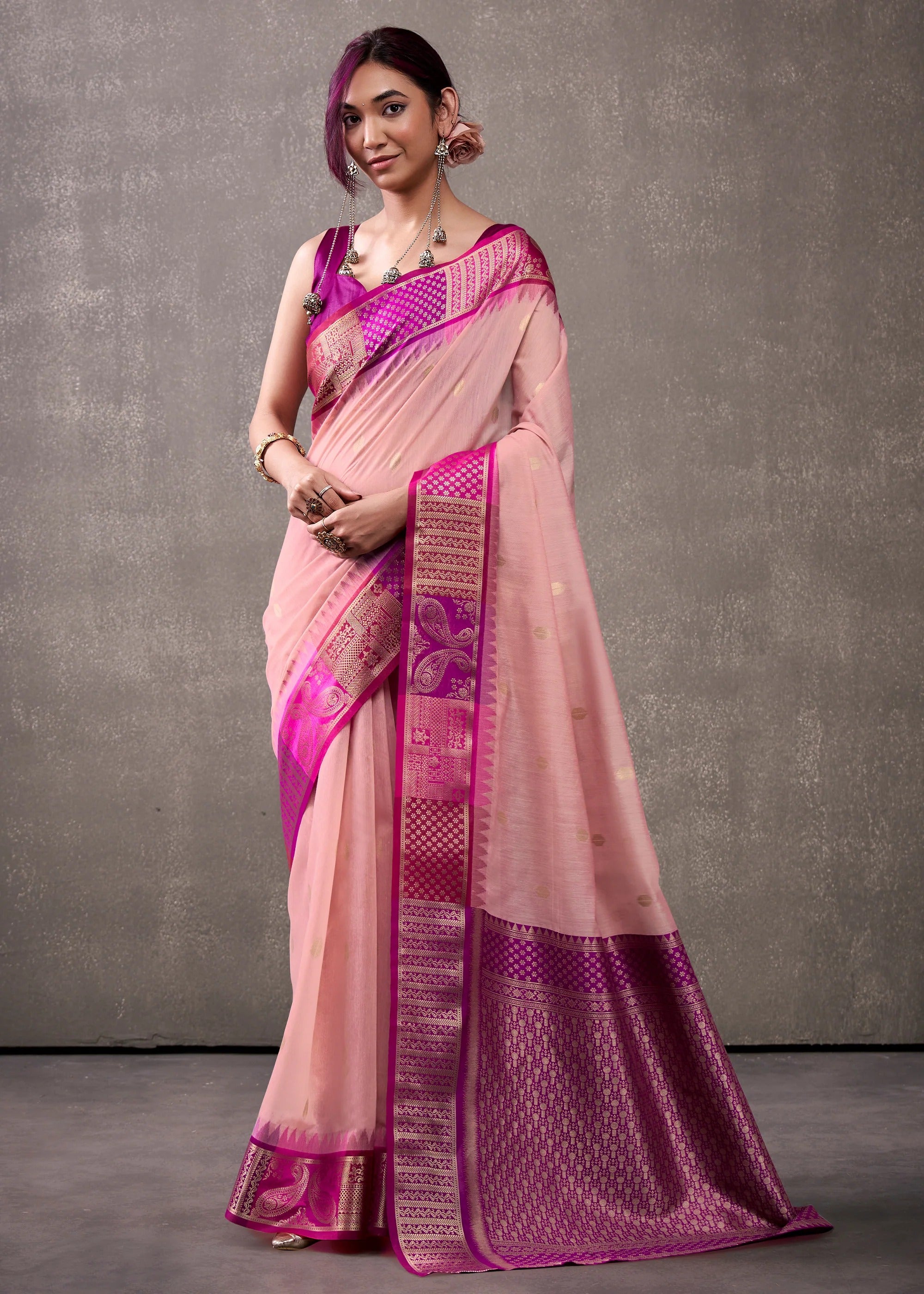 Salmon Peach Woven Banarasi Cotton Silk Saree