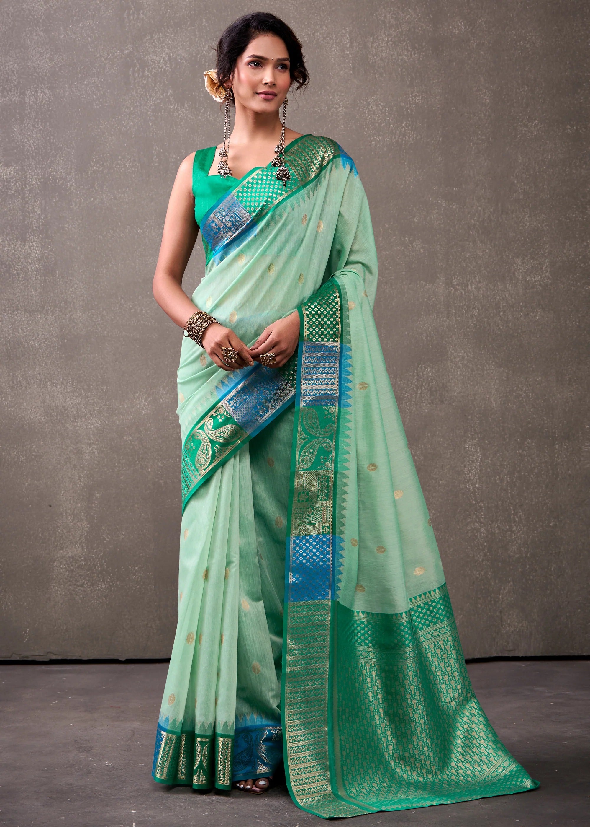 Ice Green Woven Banarasi Cotton Silk Saree