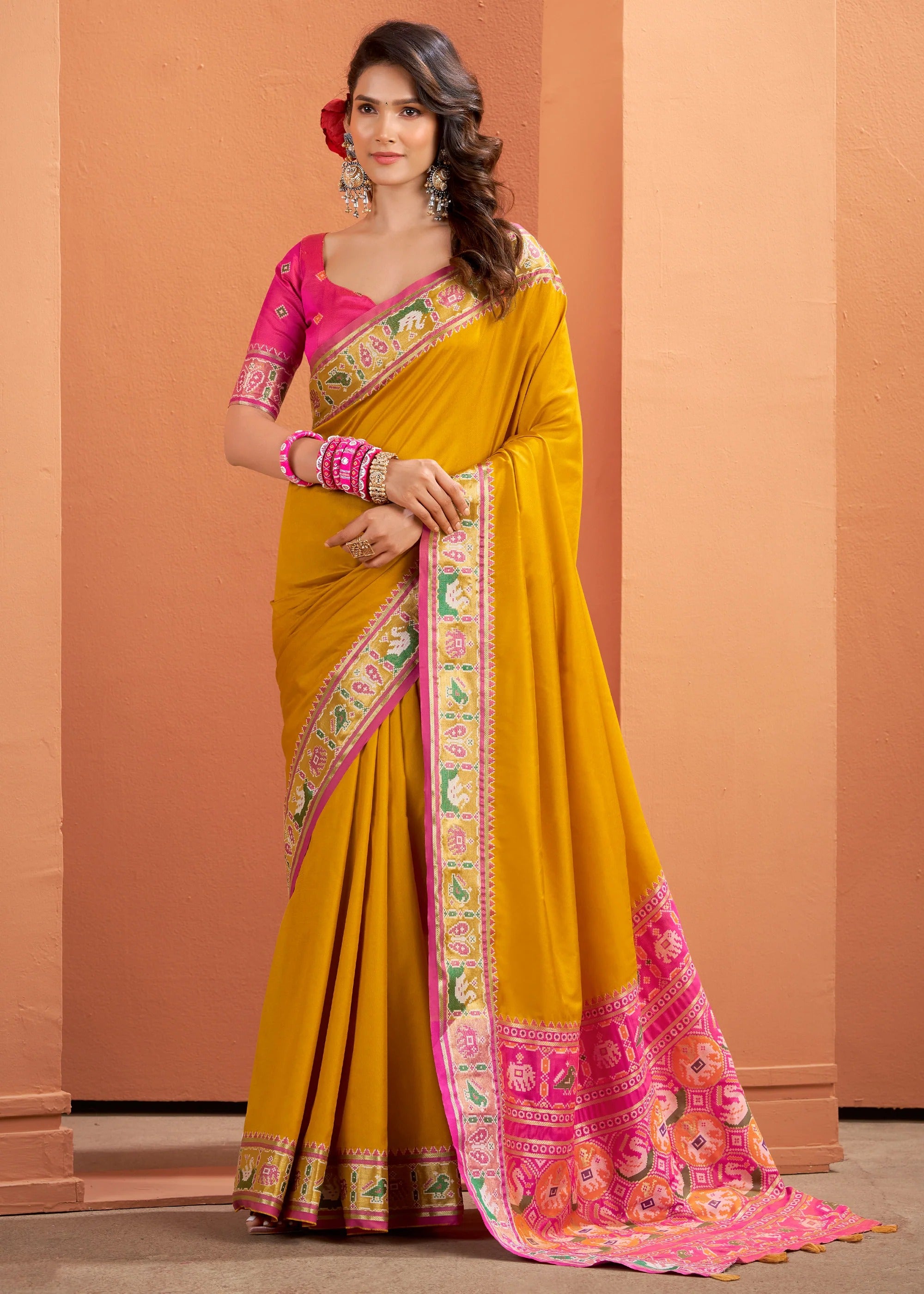 Musturd Woven Banarasi Patola Soft Silk Saree