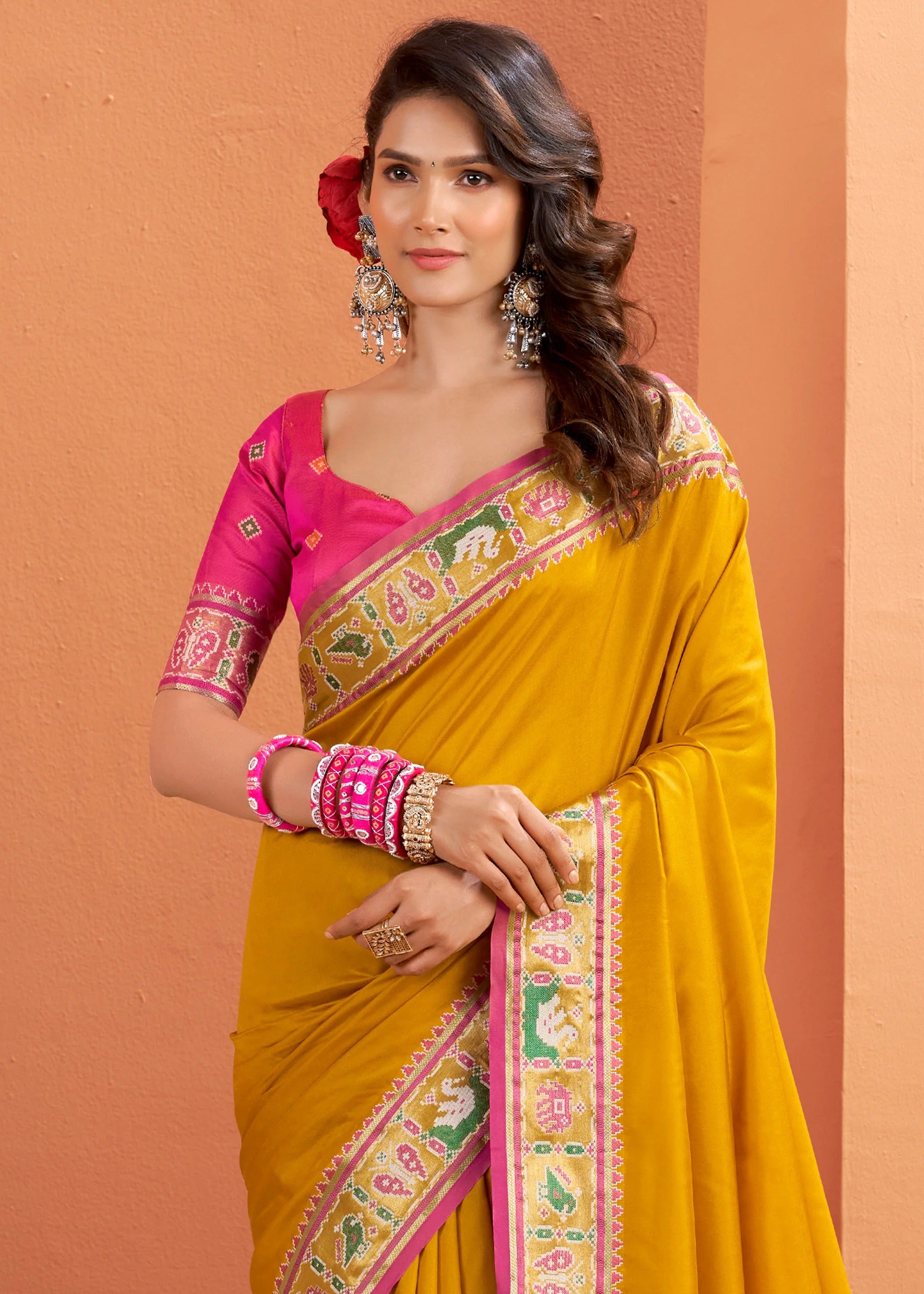 Musturd Woven Banarasi Patola Soft Silk Saree