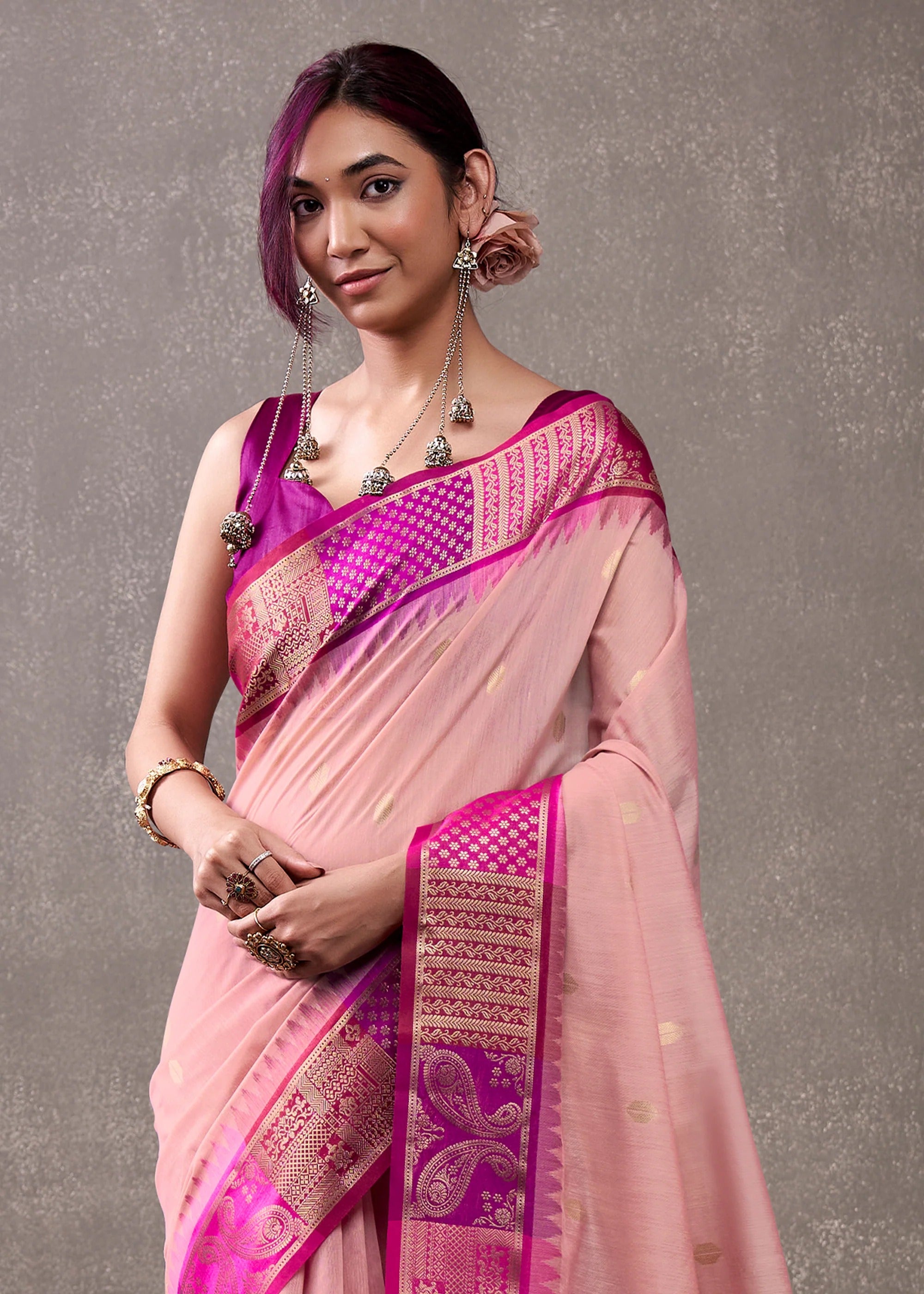 Salmon Peach Woven Banarasi Cotton Silk Saree