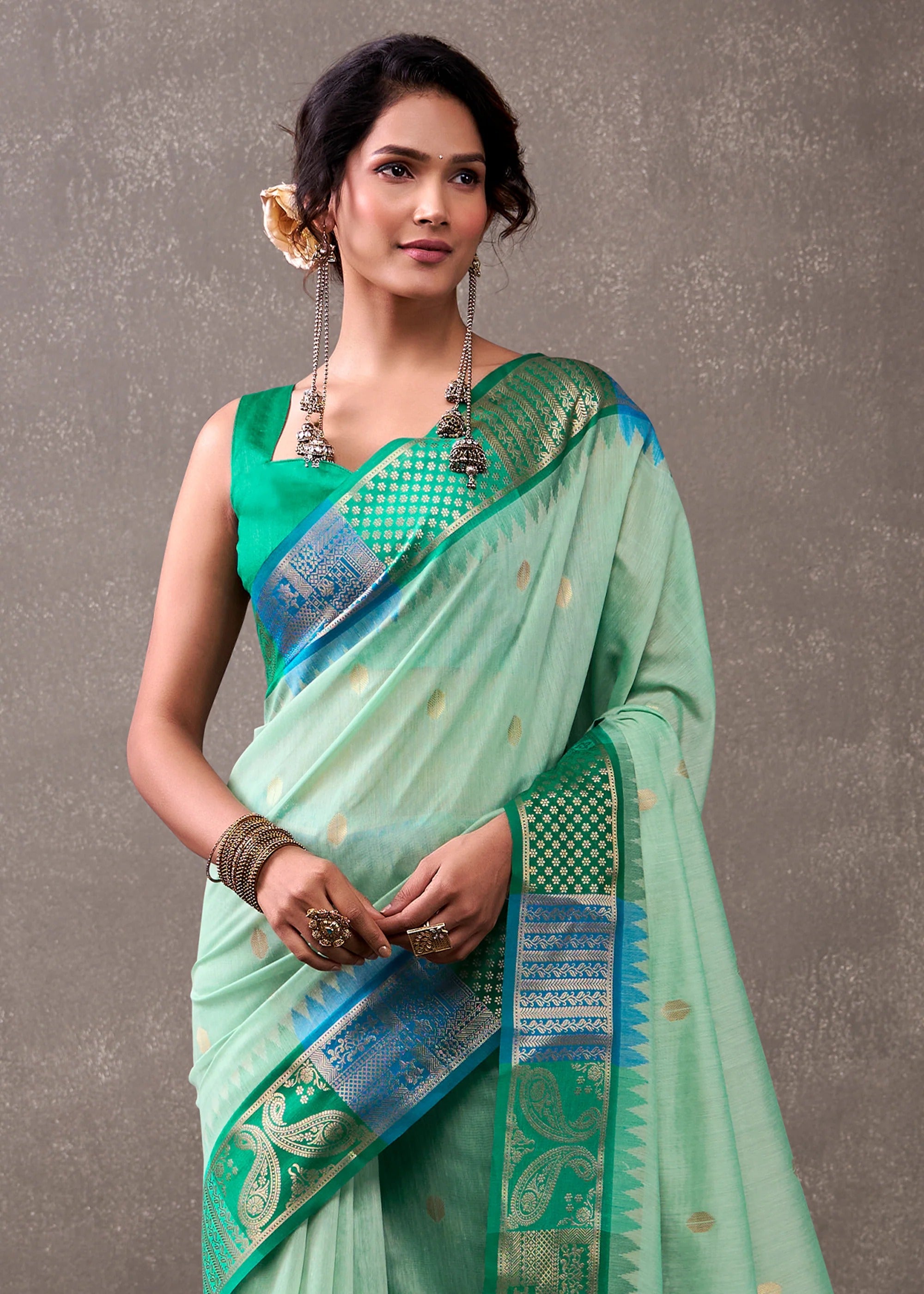 Ice Green Woven Banarasi Cotton Silk Saree