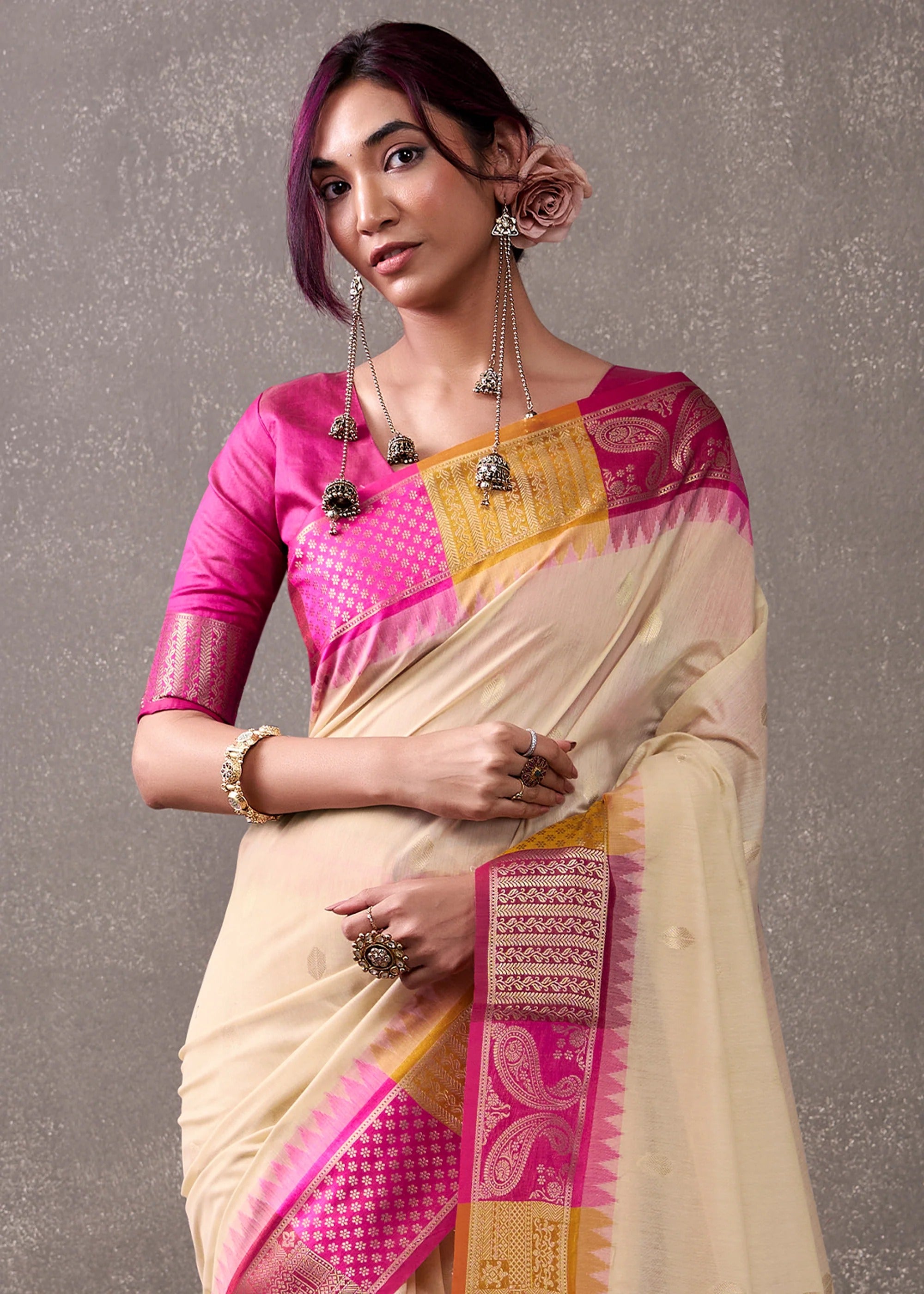 Vanilla Cream Woven Banarasi Cotton Silk Saree
