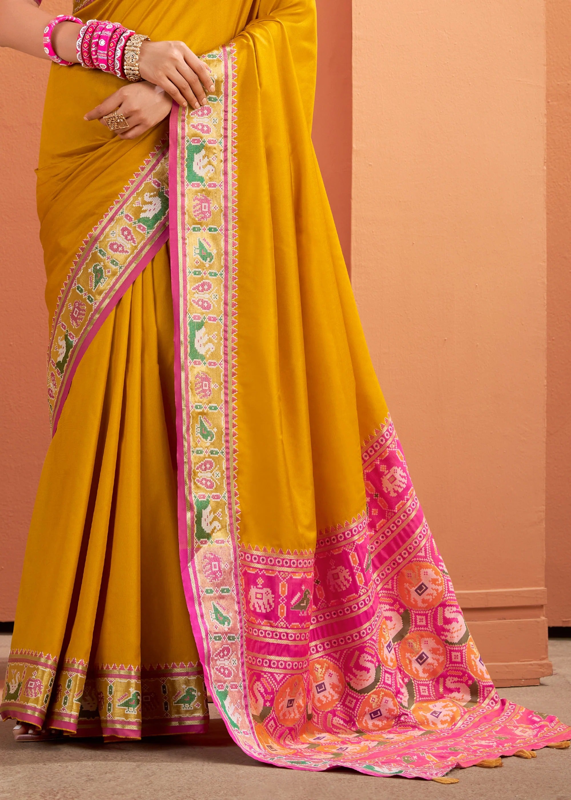 Musturd Woven Banarasi Patola Soft Silk Saree