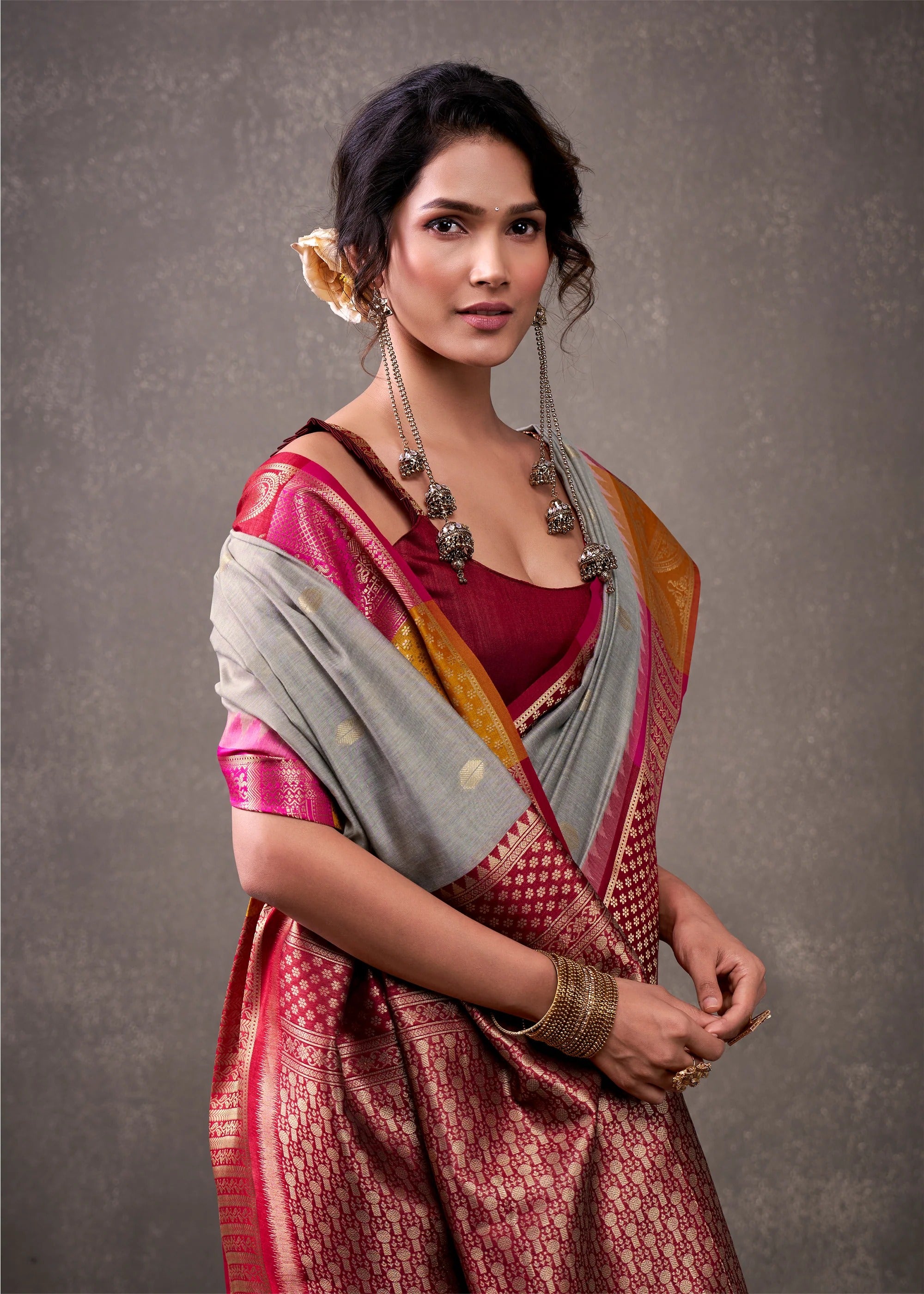 Powder Grey Woven Banarasi Cotton Silk Saree