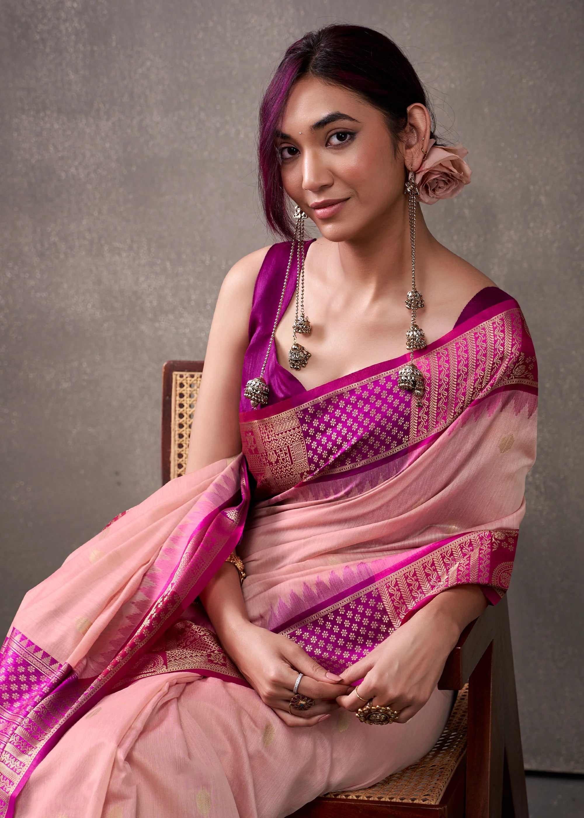 Salmon Peach Woven Banarasi Cotton Silk Saree