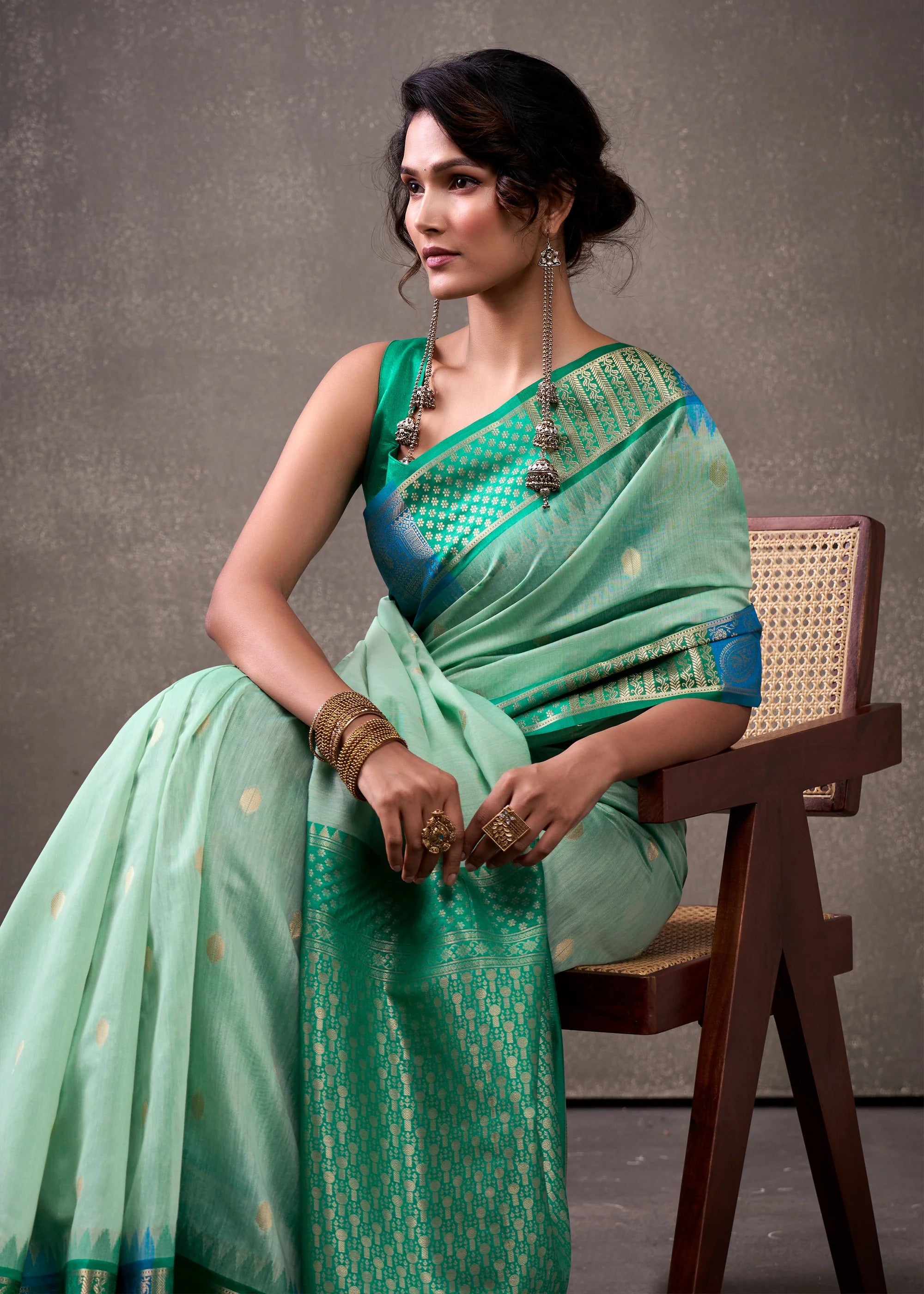 Ice Green Woven Banarasi Cotton Silk Saree