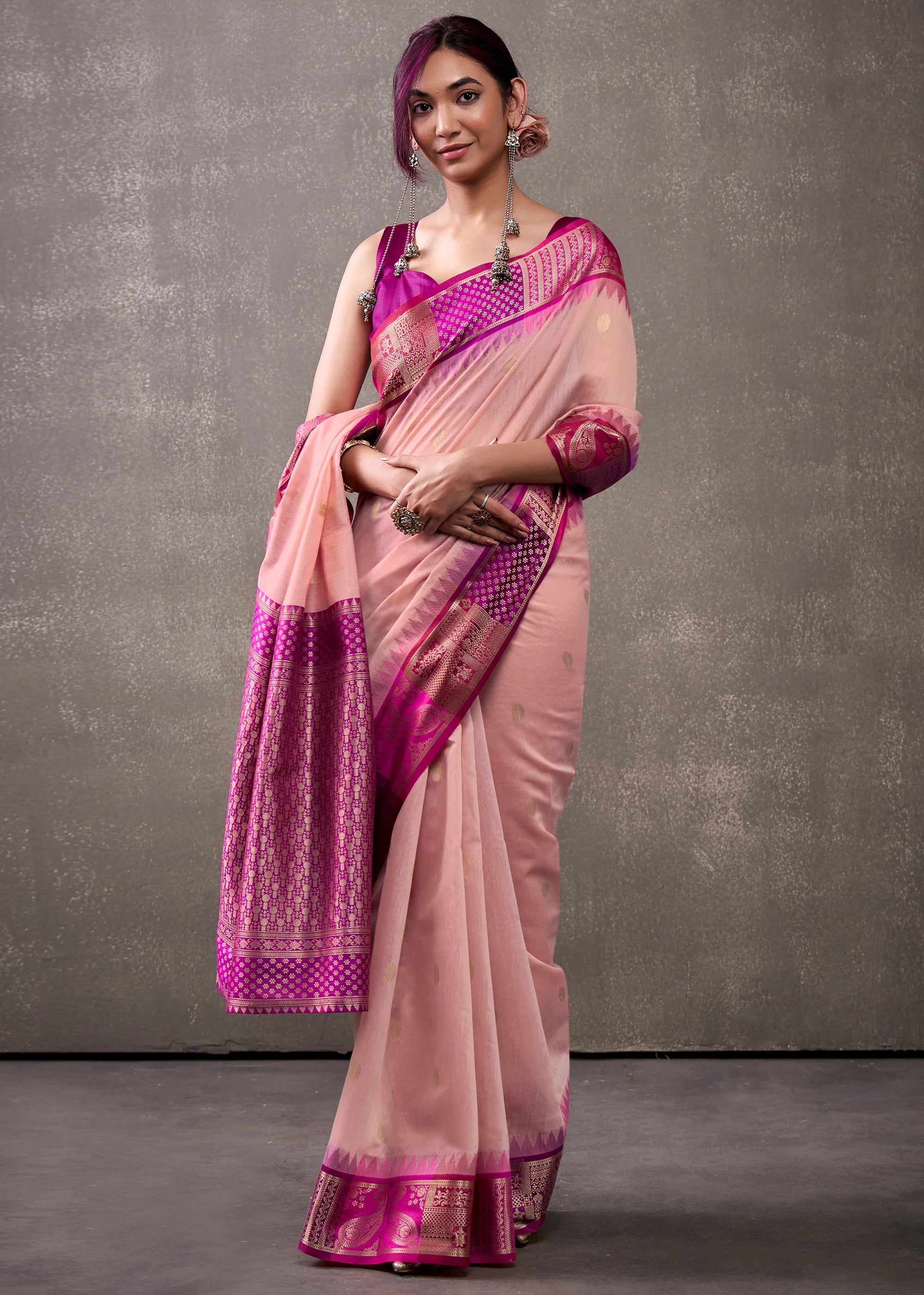 Salmon Peach Woven Banarasi Cotton Silk Saree