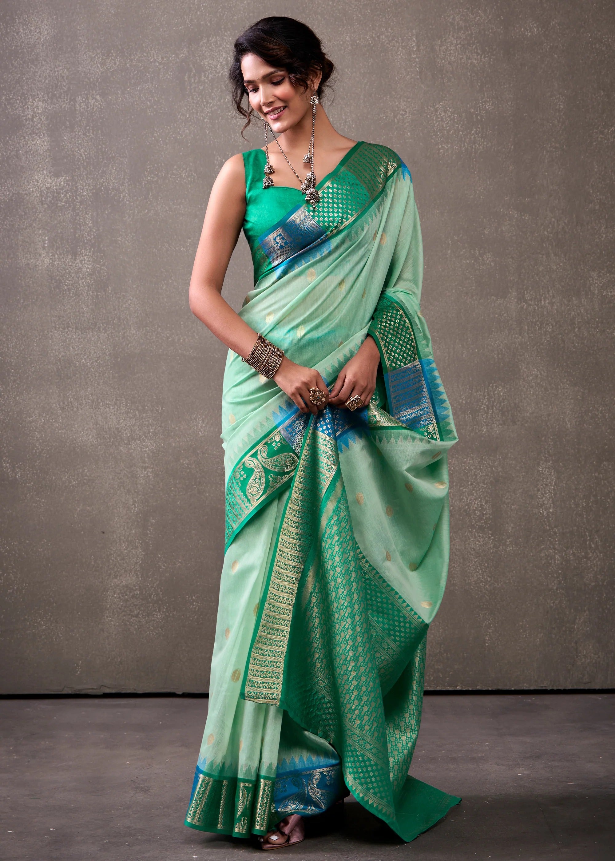 Ice Green Woven Banarasi Cotton Silk Saree