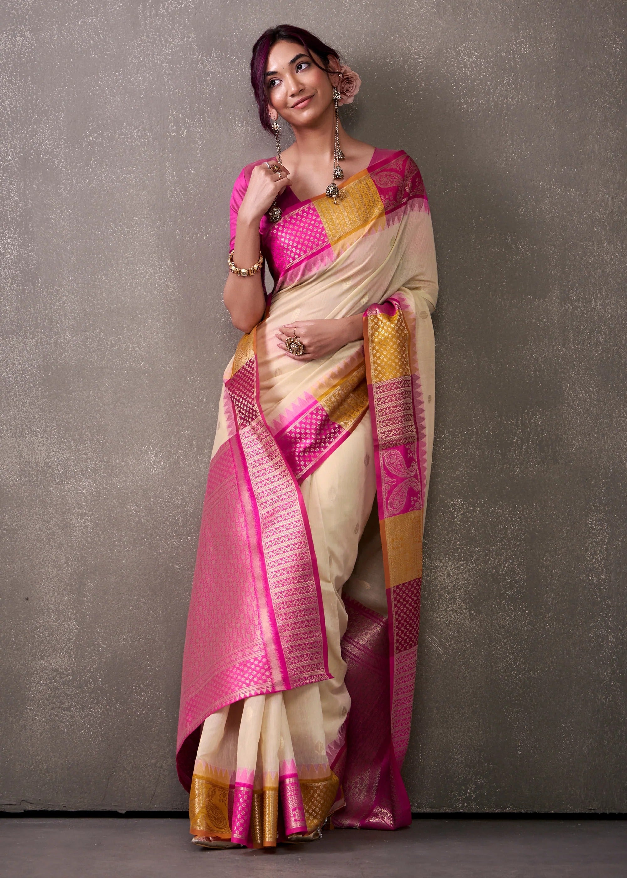 Vanilla Cream Woven Banarasi Cotton Silk Saree