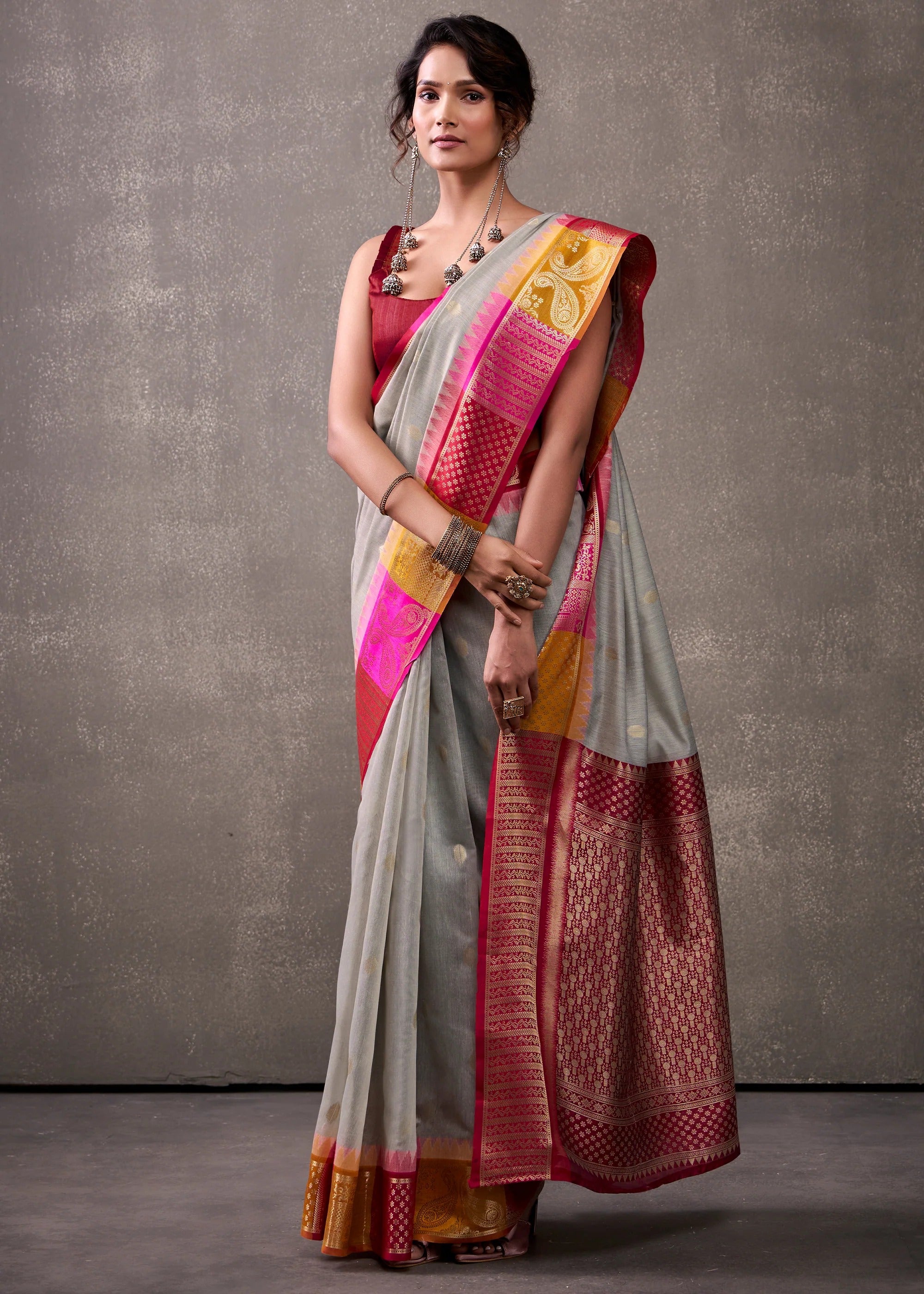 Powder Grey Woven Banarasi Cotton Silk Saree