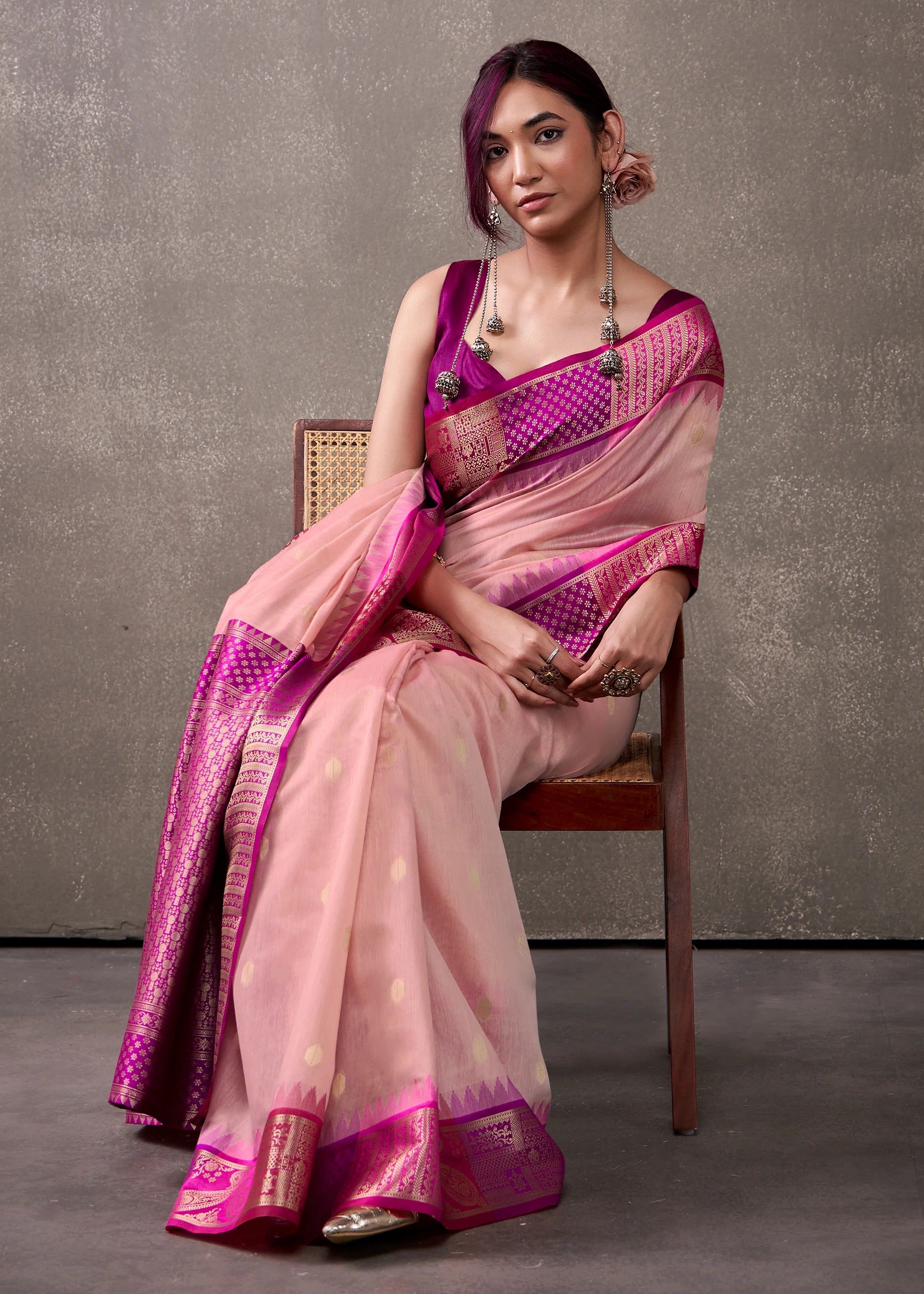 Salmon Peach Woven Banarasi Cotton Silk Saree