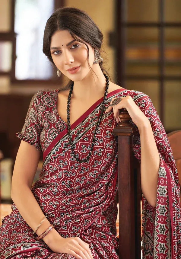 Maroon New Ajrakh Printed Satin Crepe Saree