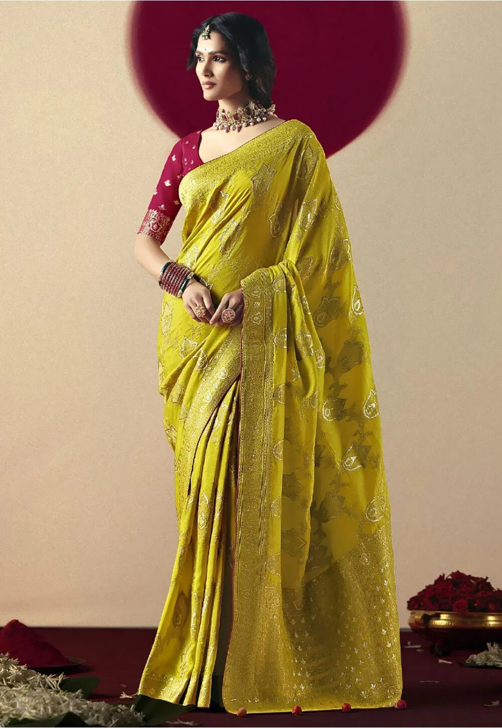 Lemon Ginger Viscous Dola Silk Zari Weaving With Tassels