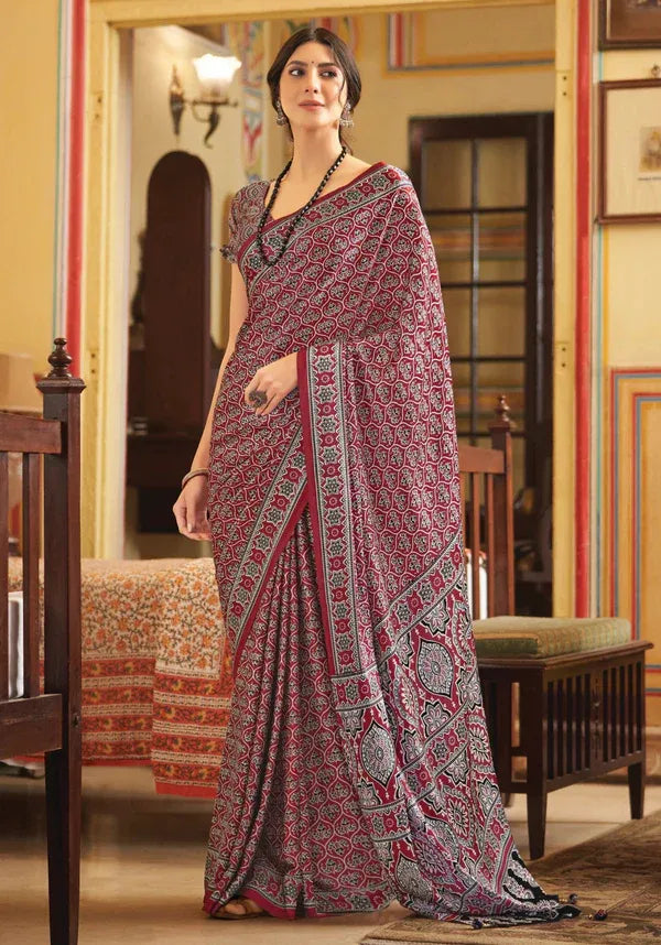 Maroon New Ajrakh Printed Satin Crepe Saree