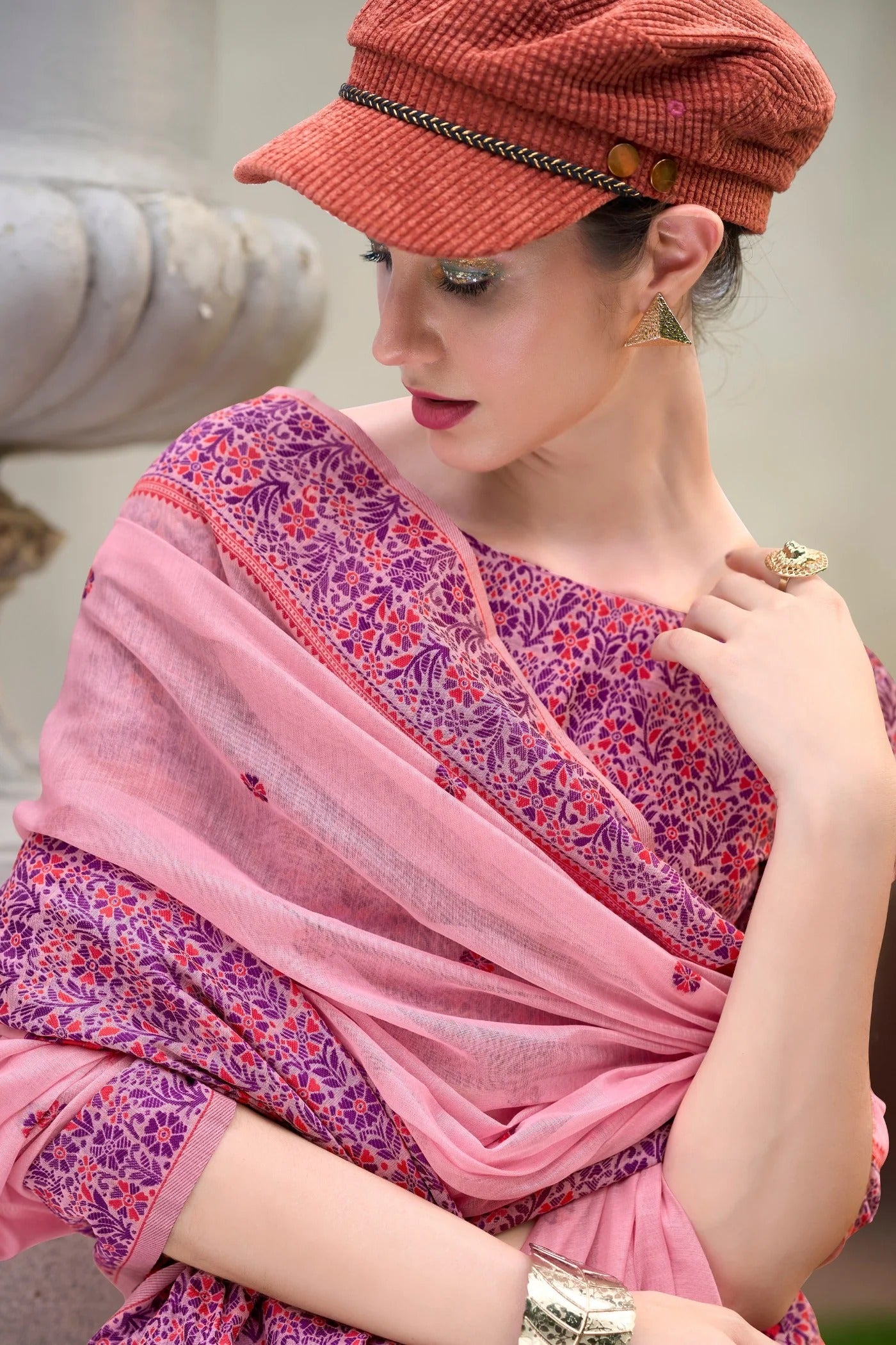 Hot Pink Handloom Linen Cotton Saree Designer Blouse