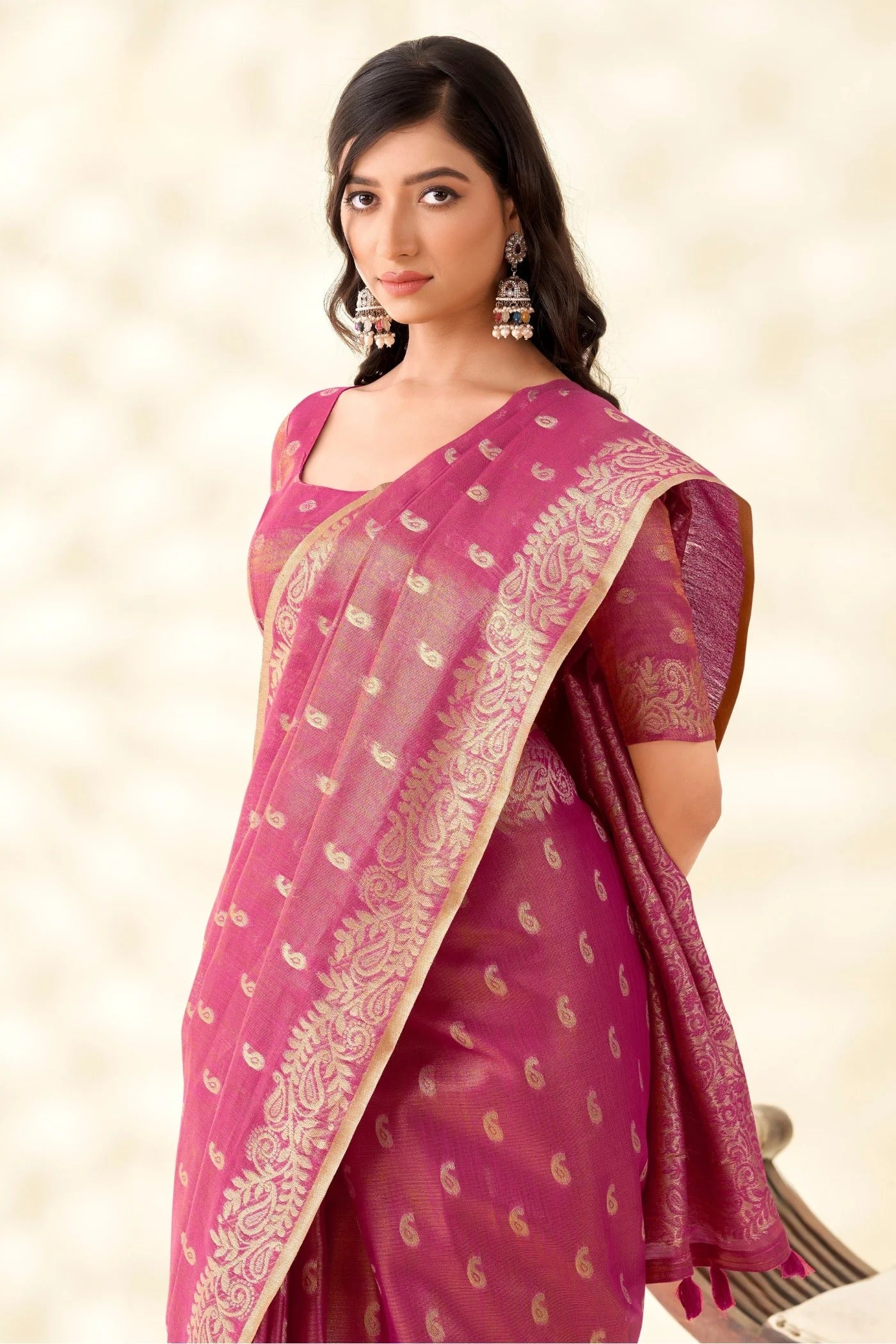 Rose Pink Woven Tissue Linen Saree With Blouse