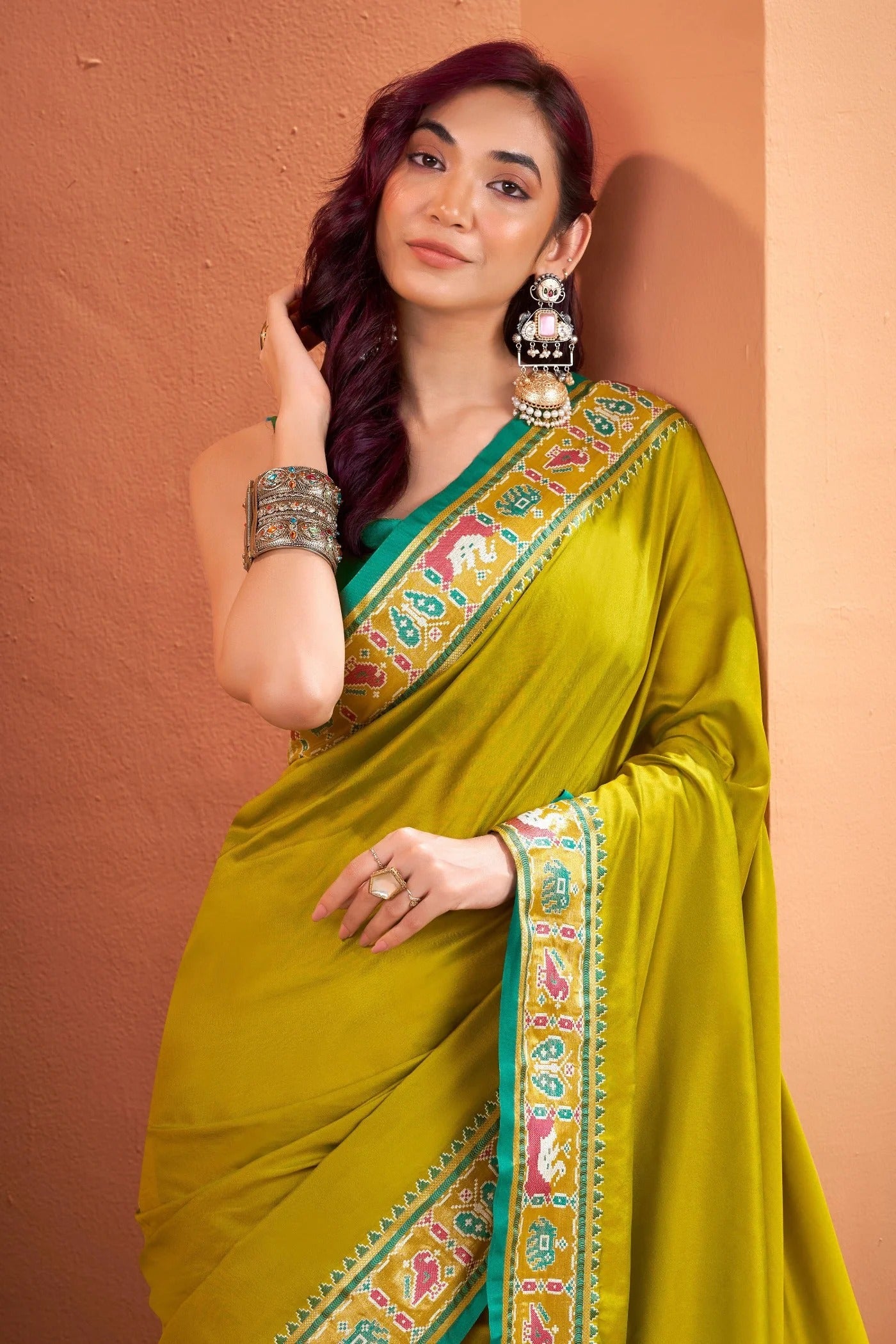 Pear Parrot Woven Banarasi Patola Soft Silk Saree