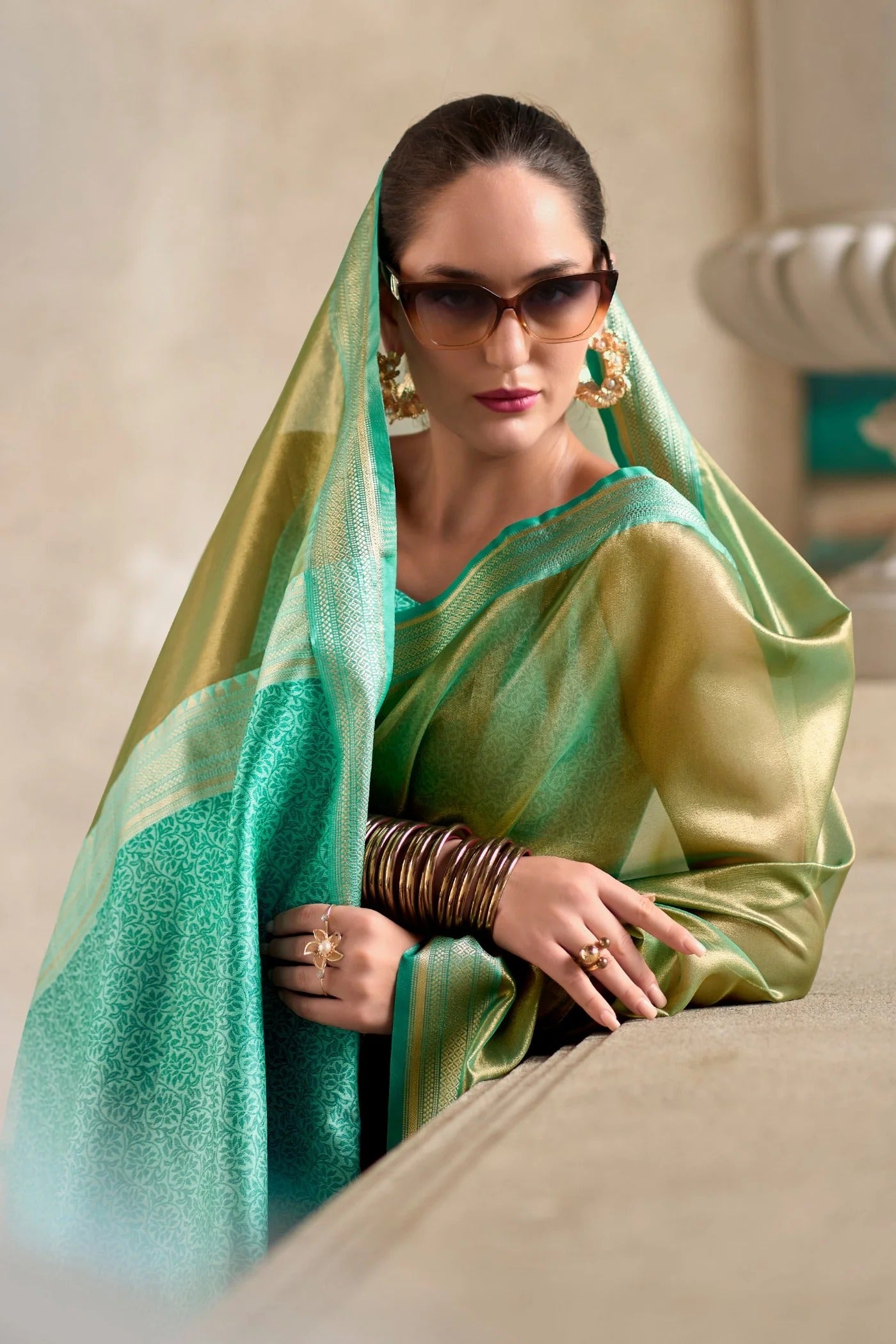Killarney Firozi Handloom Tissue Soft Saree