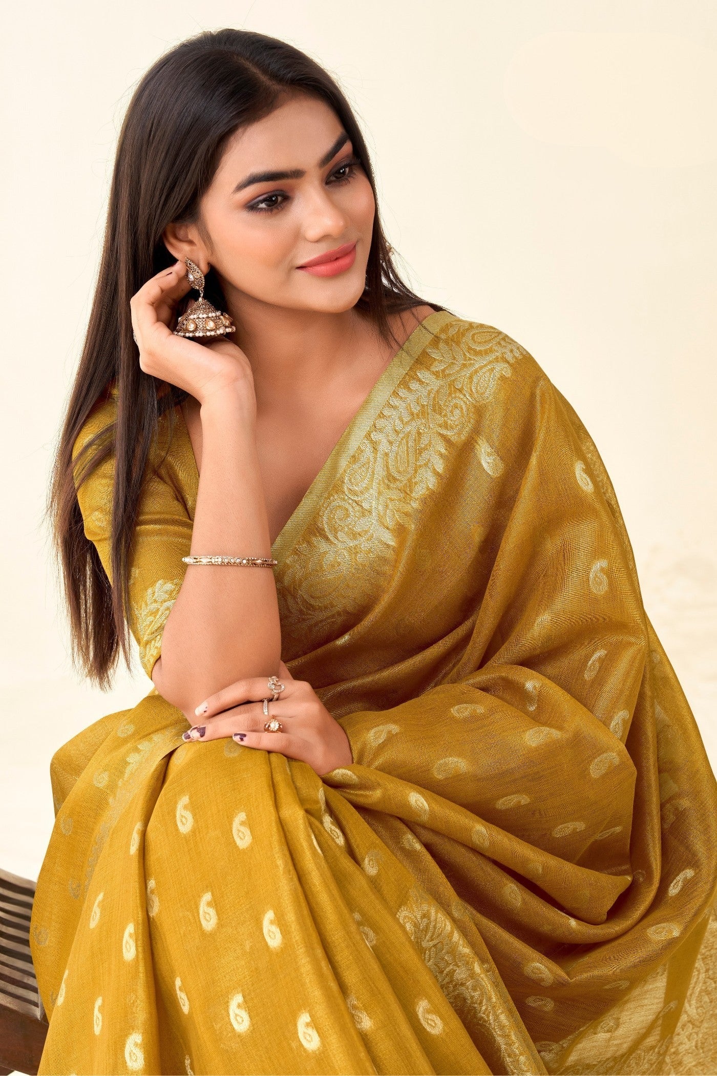 Mustard Yellow Woven Tissue Linen Saree With Blouse