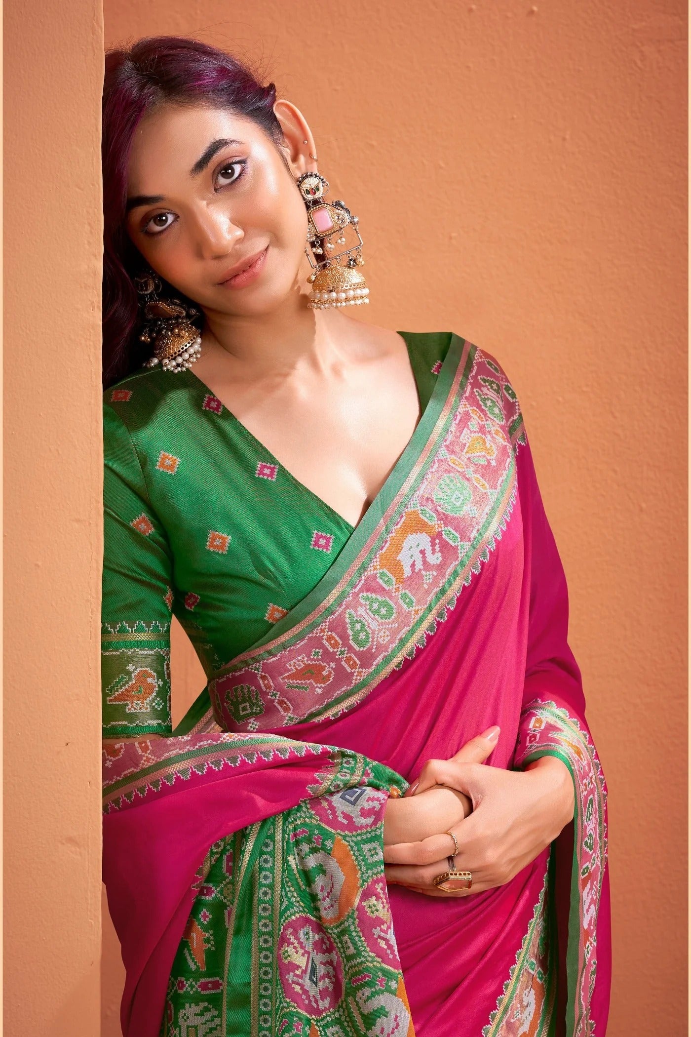 Rani Pink Woven Banarasi Patola Soft Silk Saree