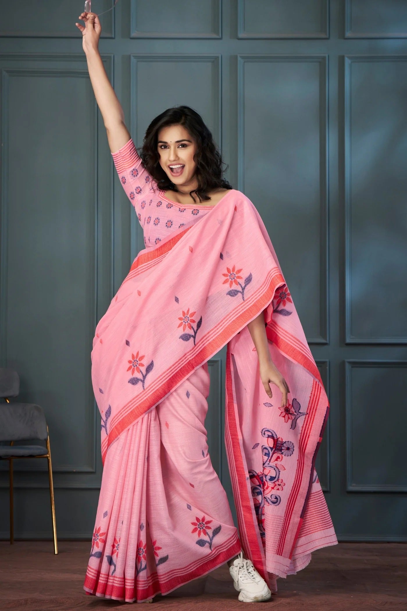 Wewak Pink Handloom Linen Saree With Fancy Blouse