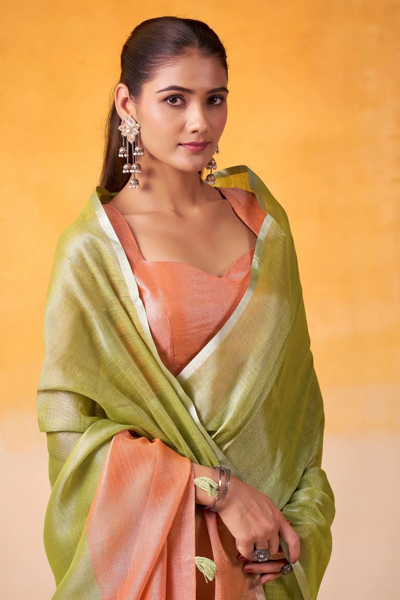 Tea Green Woven Tissue Soft Silk Saree With Blouse