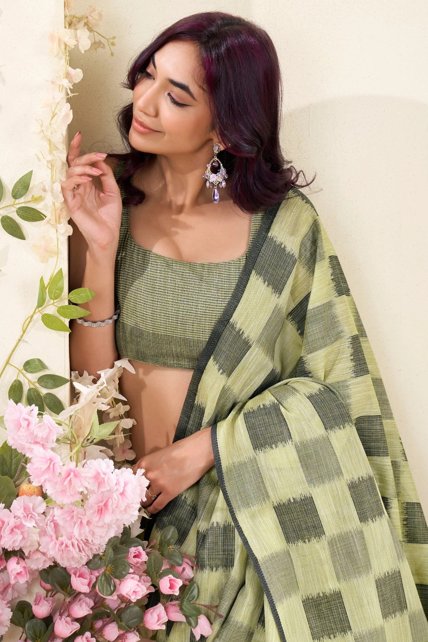 Willow Green Woven Linen Soft Saree