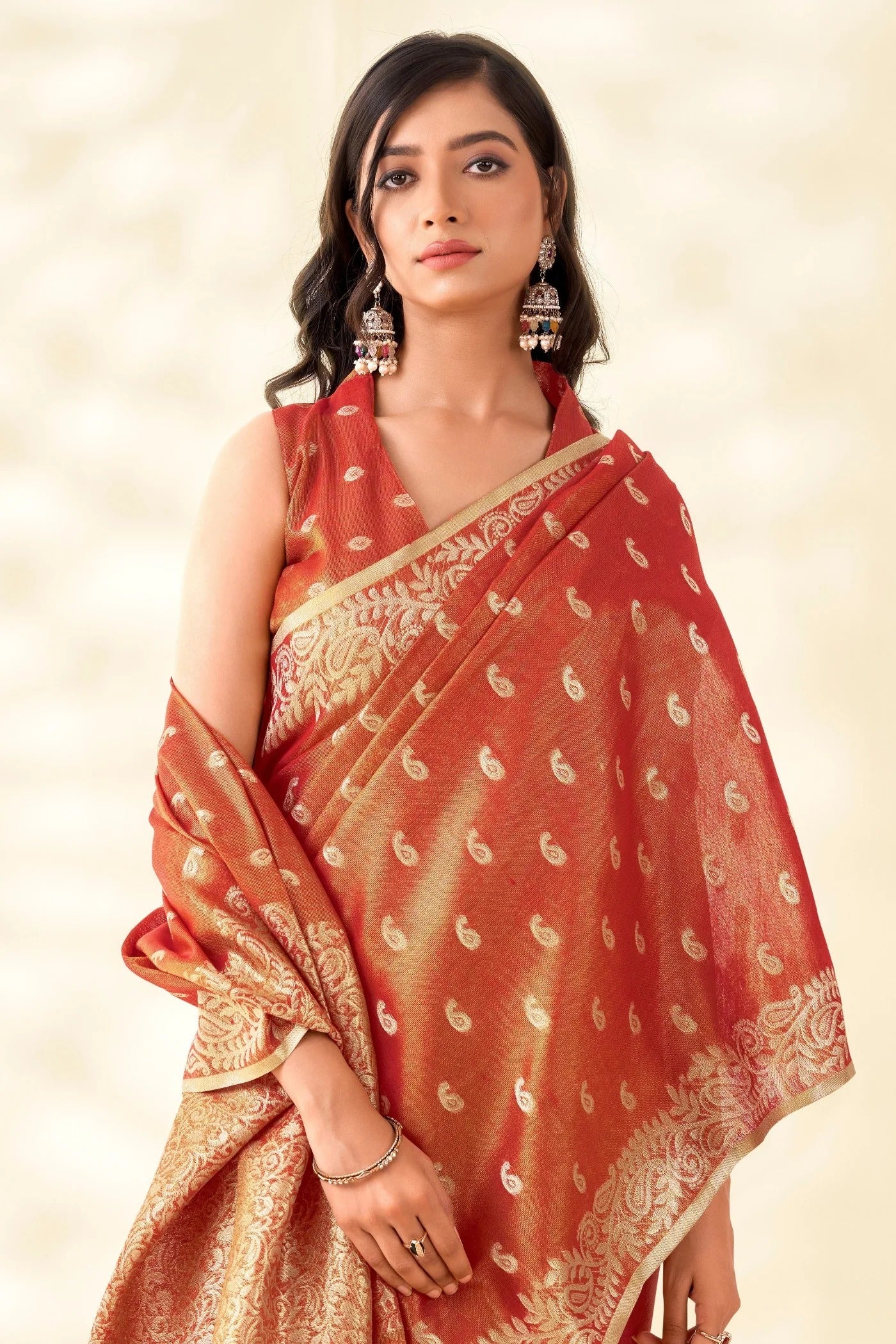 Coral Orange Woven Tissue Linen Saree With Blouse